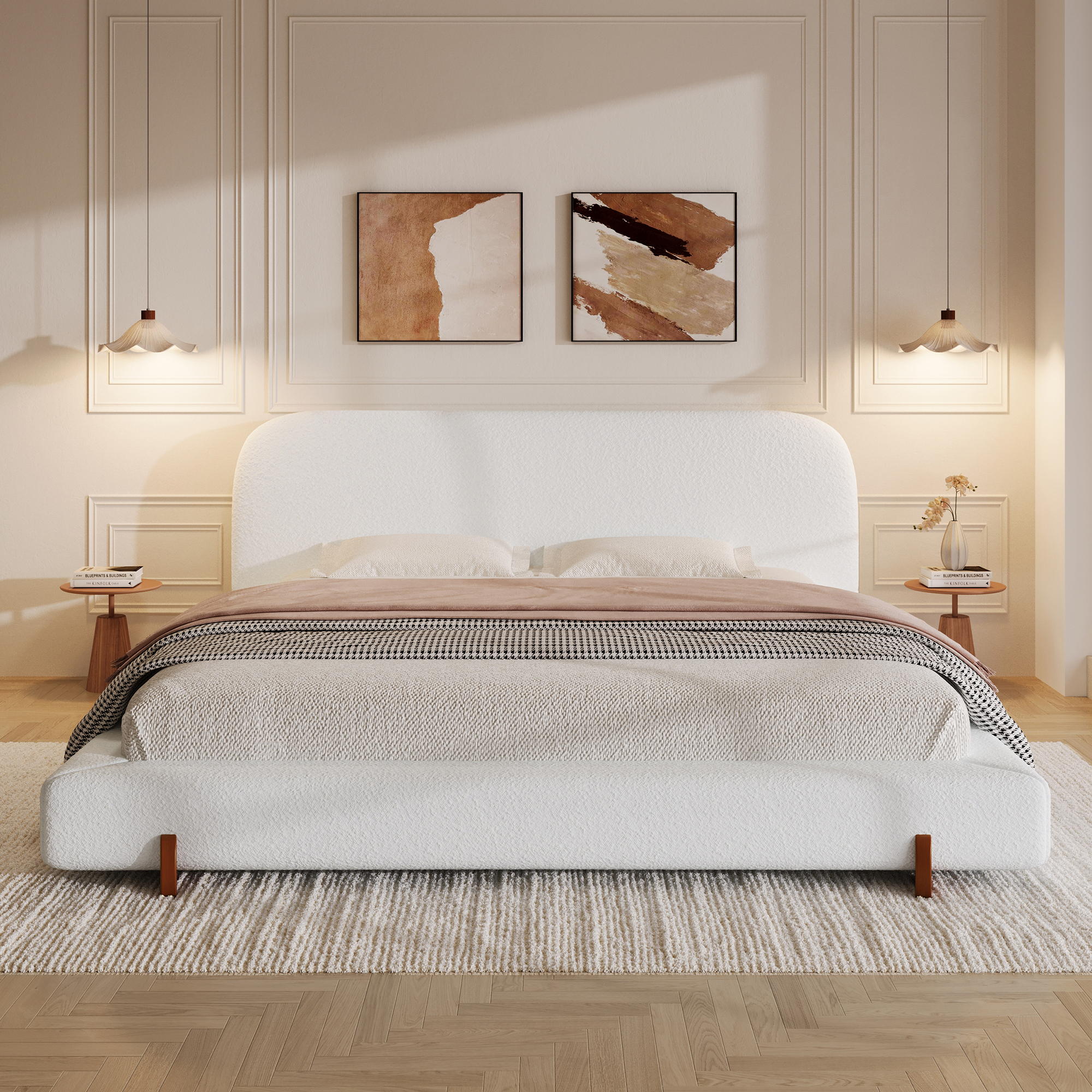 Unique Design, White Fabric and Solid Wood Legs Upholstered Bed Frame,King