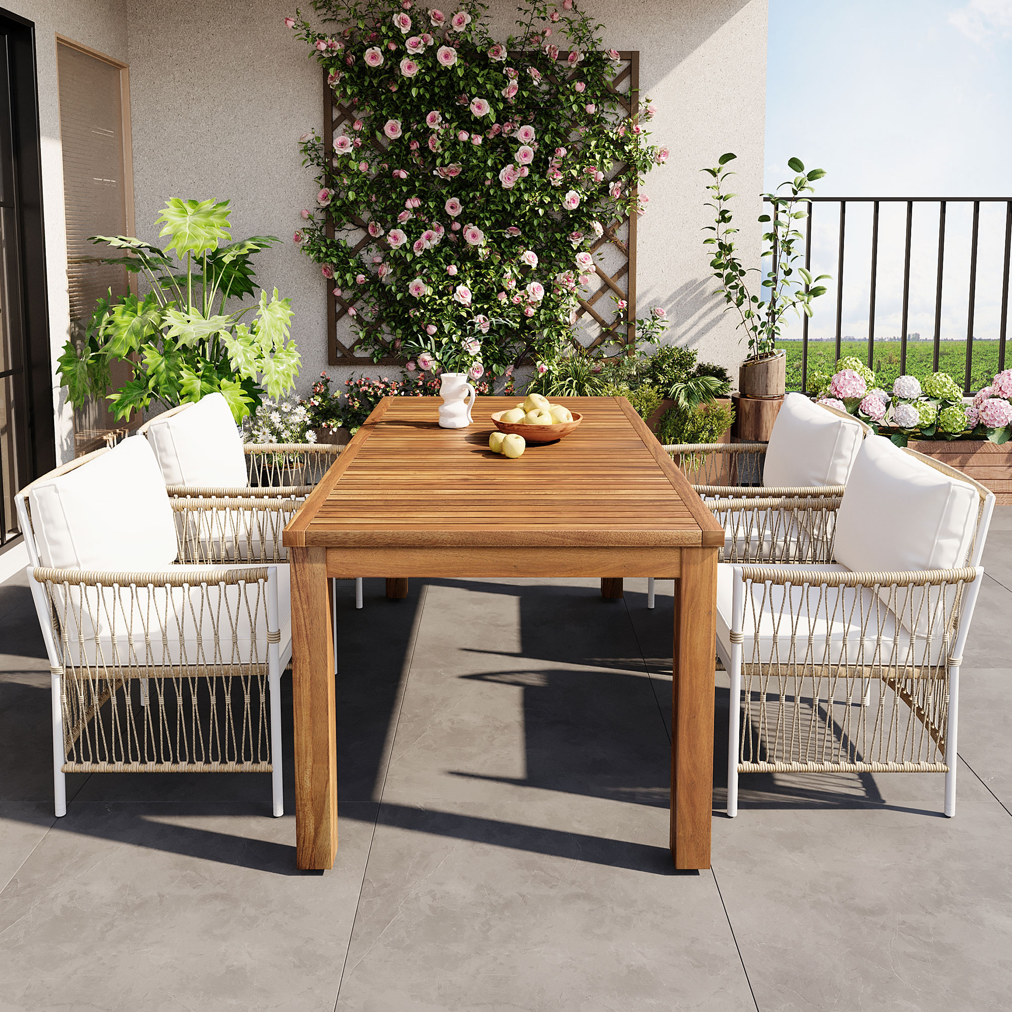 TOPMAx Patio 5pcs Wooden Dining Table Set  Outdoor 67 L Rectangular Table With 4 Rattan Arm Chairs For Poolside  Backyard  Garden  Natural