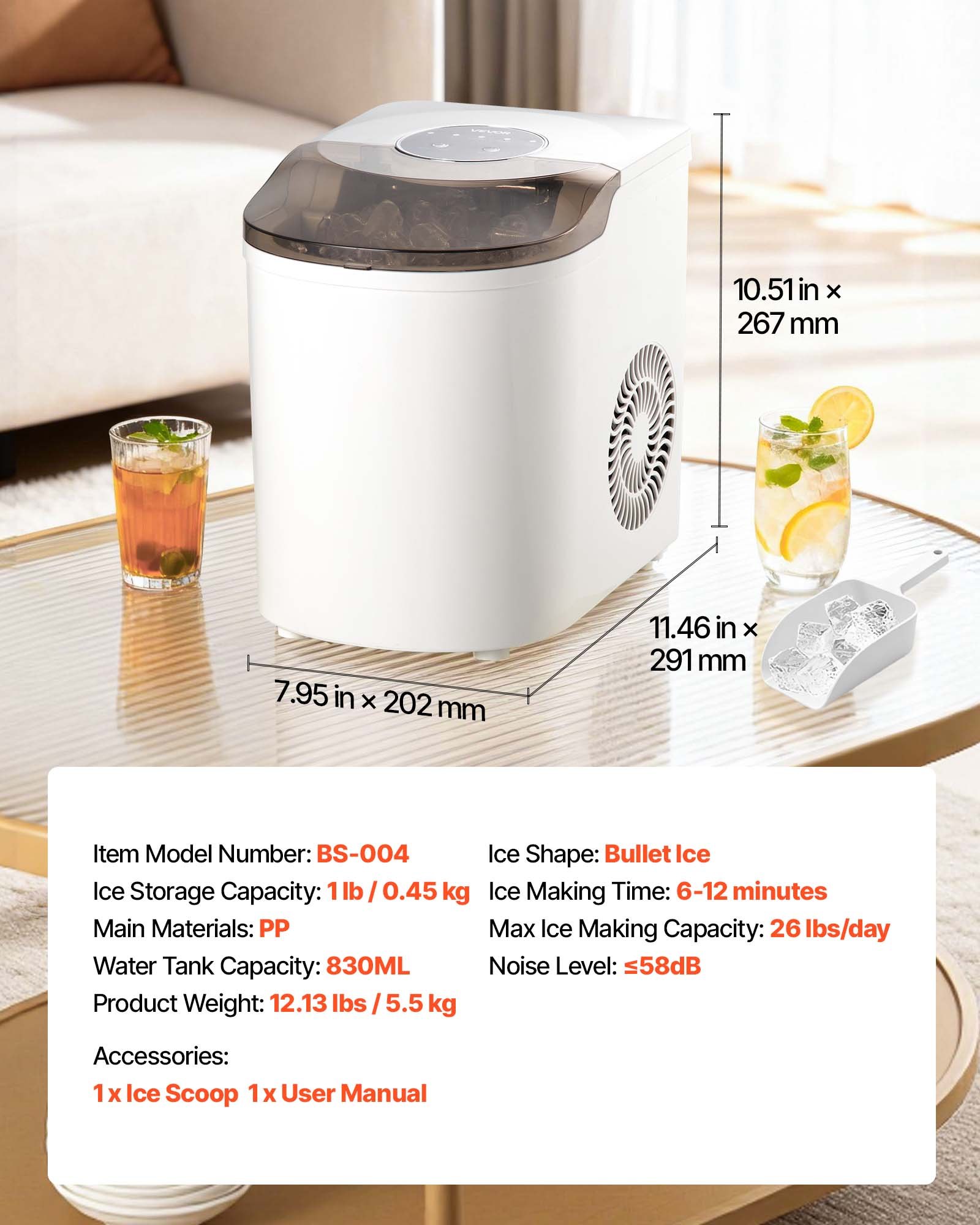 Countertop Ice Maker, 7 Cubes Ready In 6 Mins, 26 Lbs Per Day, Self-Cleaning Portable Machine With Ice Scoop, Ice-Making Machine With 2 Sizes Bullet Ices For Home, Kitchen, Office, Bar & Party