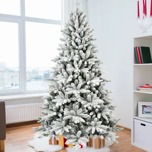 7ft Flocked Christmas Tree With 1514 Tips, Realistic PE+PVC Snowy Hinged Tree With Metal Stand, Full Artificial Xmas Tree For Holiday Decoration