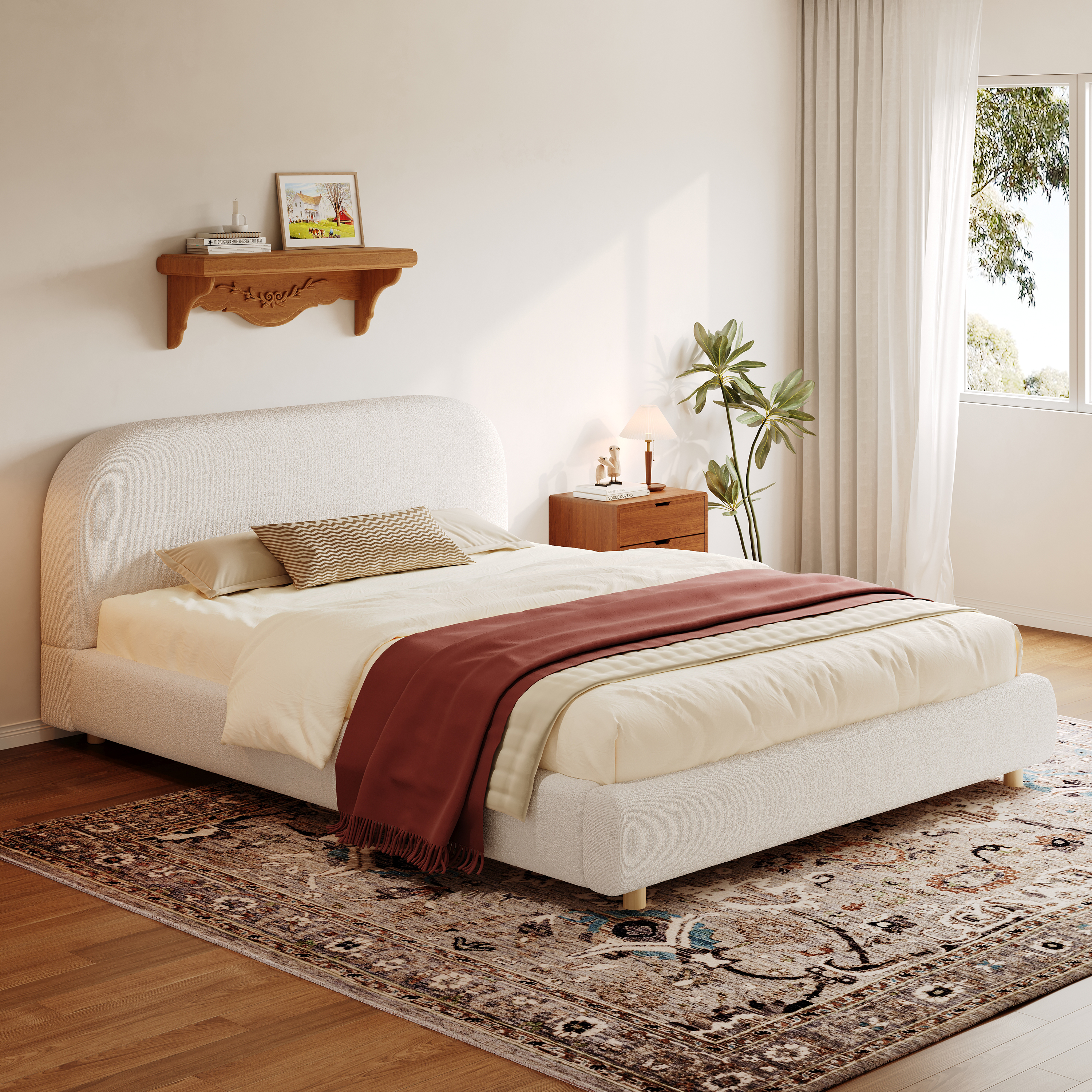 Queen Size Upholstered Bed With Boucle Fabric,Curved-Shape Design Thick Headboard, Solid Wood Legs,White