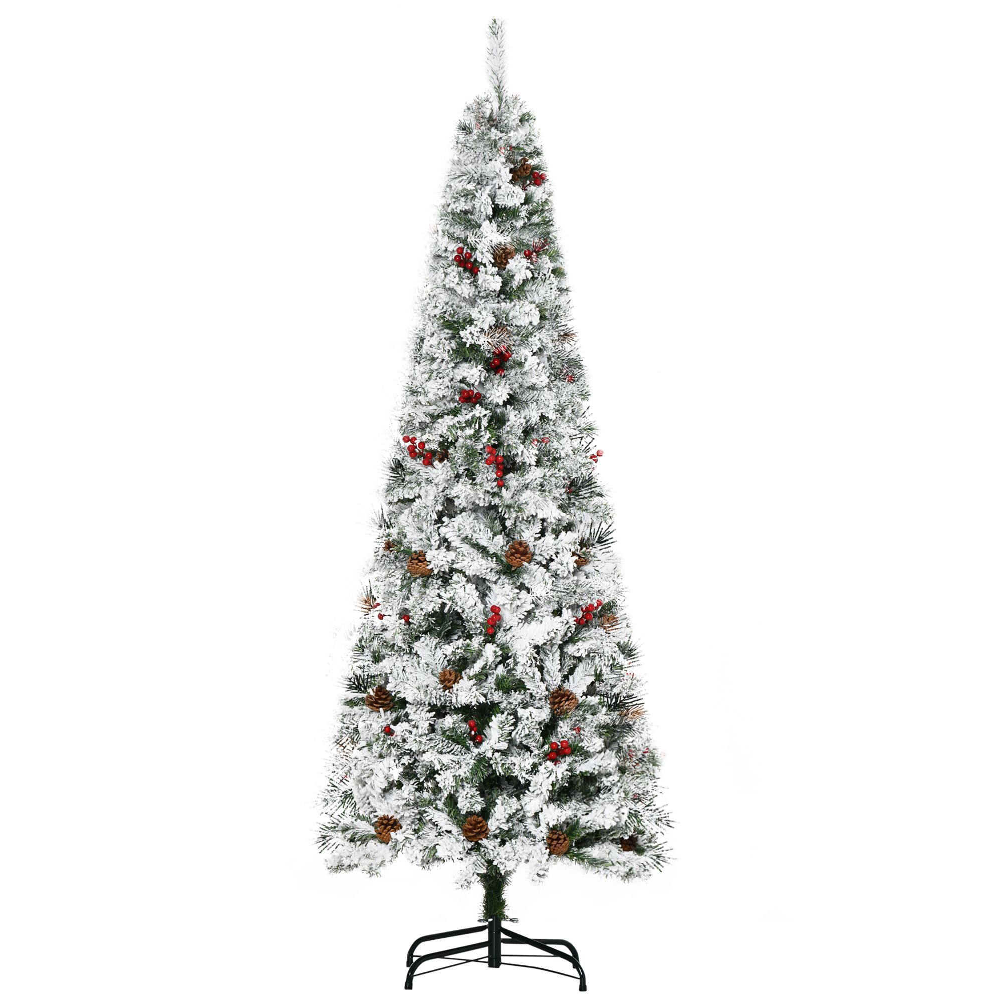 6 Foot Pencil Snow Flocked Artificial Christmas Tree With 600 Pine Realistic Branches, Pine Cones, Red Berries, Auto Open, Green