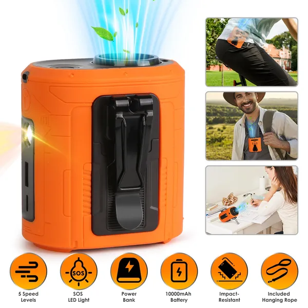 5 In 1 Portable Waist Clip Fan With 5 Speeds Flashlight 10000mAh Battery Operated Personal Wearable Turbo Belt Fan Hands-Free Neck Fan For Camping Travel Job Site