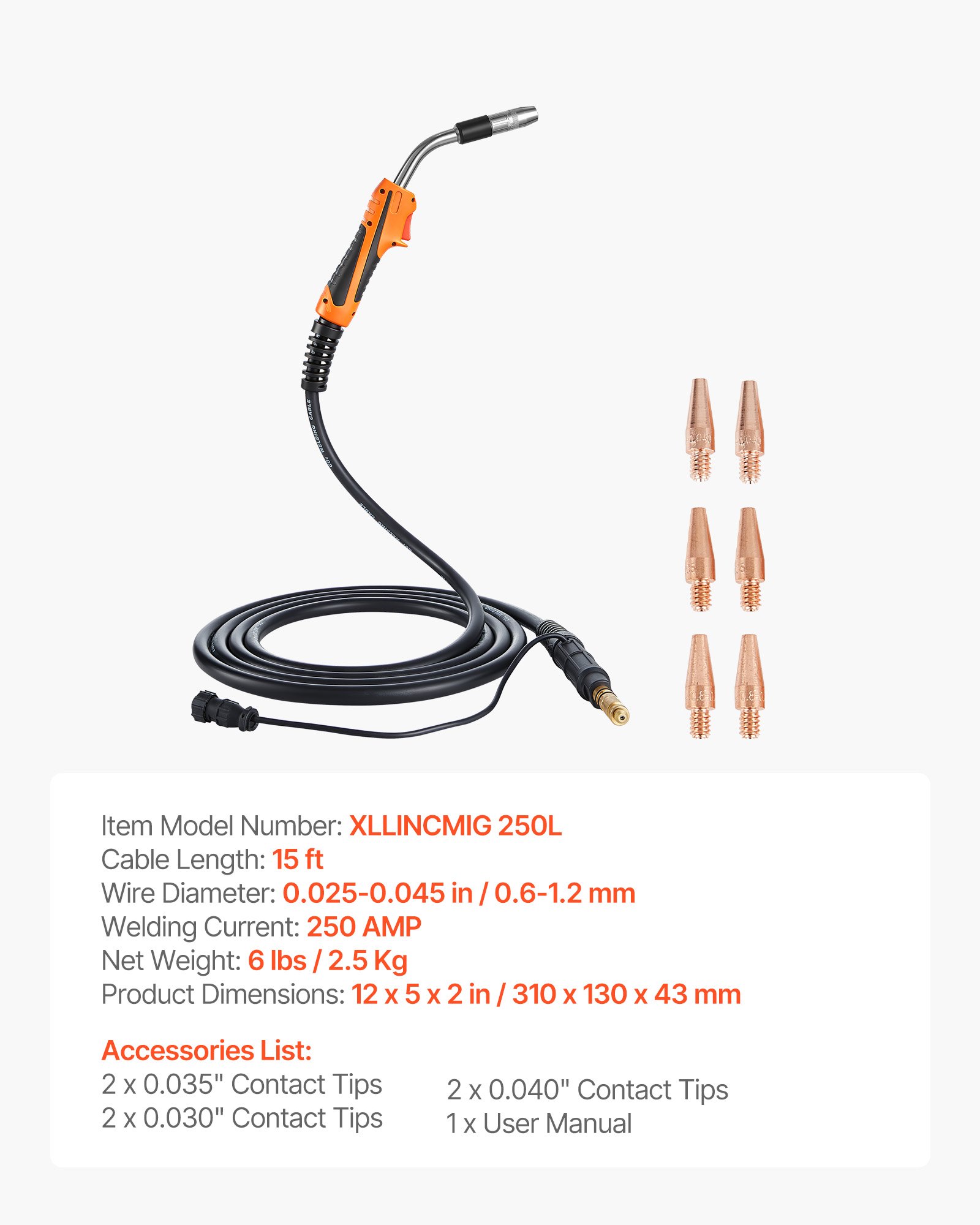 250A MIG Welding Gun With 15FT Cable, Replacement For Lincoln Magnum Pro 250L  - With 7PCS Mig Welding Contact Tips