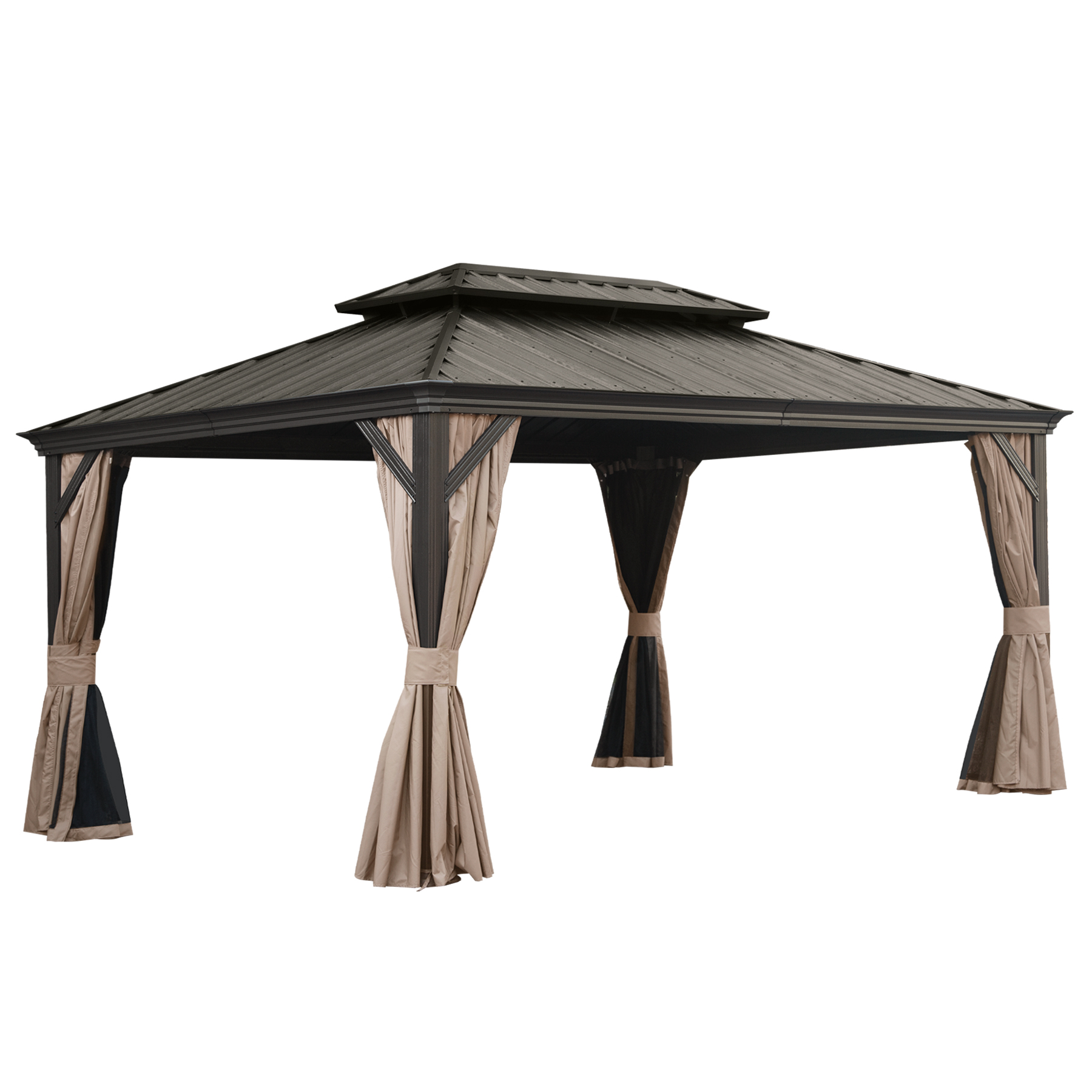 12  X 16  Hardtop Gazebo, Upgraded Metal Gazebo With Drainage System, Dual-Layer Galvanized Steel Roof, Curtain And Netting, Outdoor Shelter Canopy For Patio, Garden, And Backyard, Brown