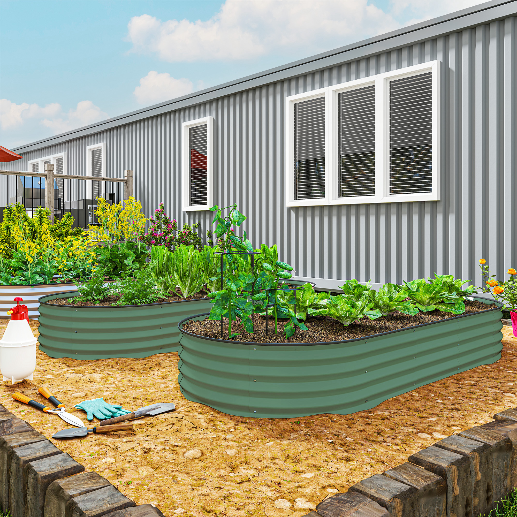 7 x 3 x 1 Raised Garden Bed Set, 2PCS Raised Beds for Gardening with Metal Plant Stakes, Green