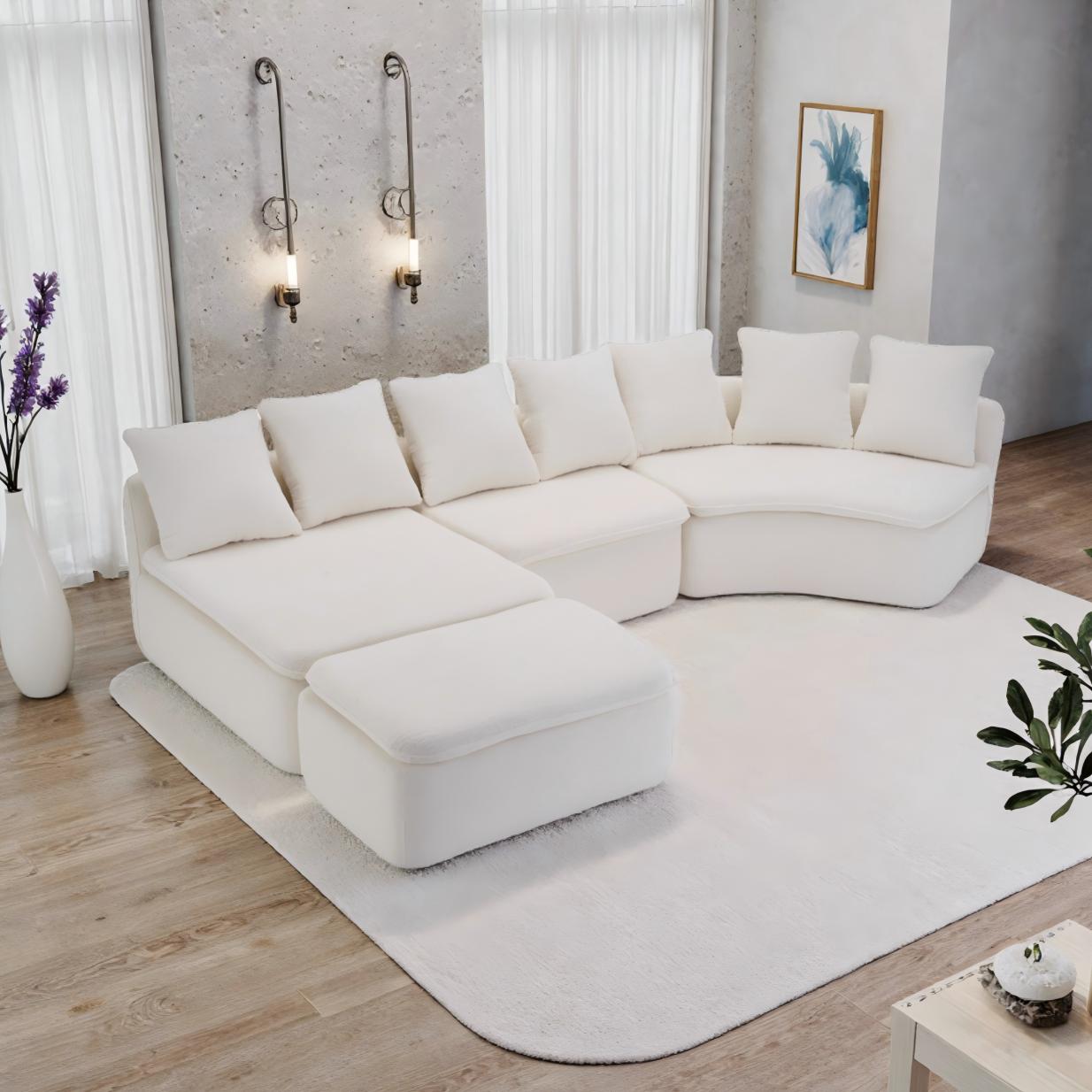 133'' Modular U-Shaped Sectional Compression Sofa With Removable Recliner Module White Woodgrain Chenille Boneless Ideal For Large Living Rooms Or Bedrooms Flexible Configuration For A Versatile