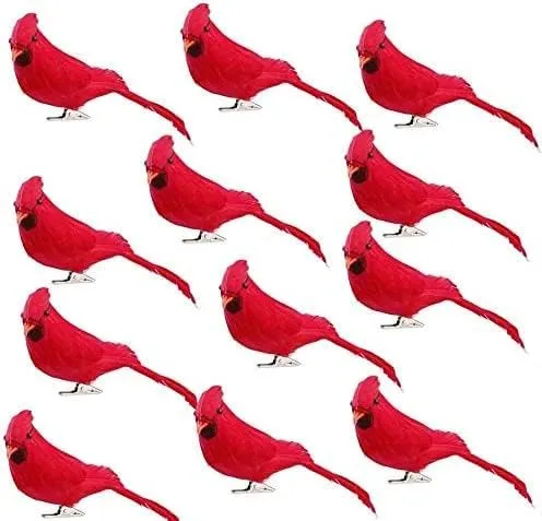 12 Pcs Red Birds Cardinal With Clip On Christmas Tree Decoration Artificial Red Birds With Feathers For Wreath Ornaments