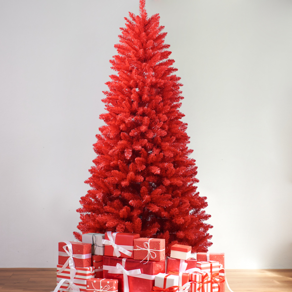 5FT Red Christmas Tree Pure Red PVC Tree With 624 Tips, Hinged Branches For Easy Setup, Stable Metal Stand, Bold Holiday Decoration