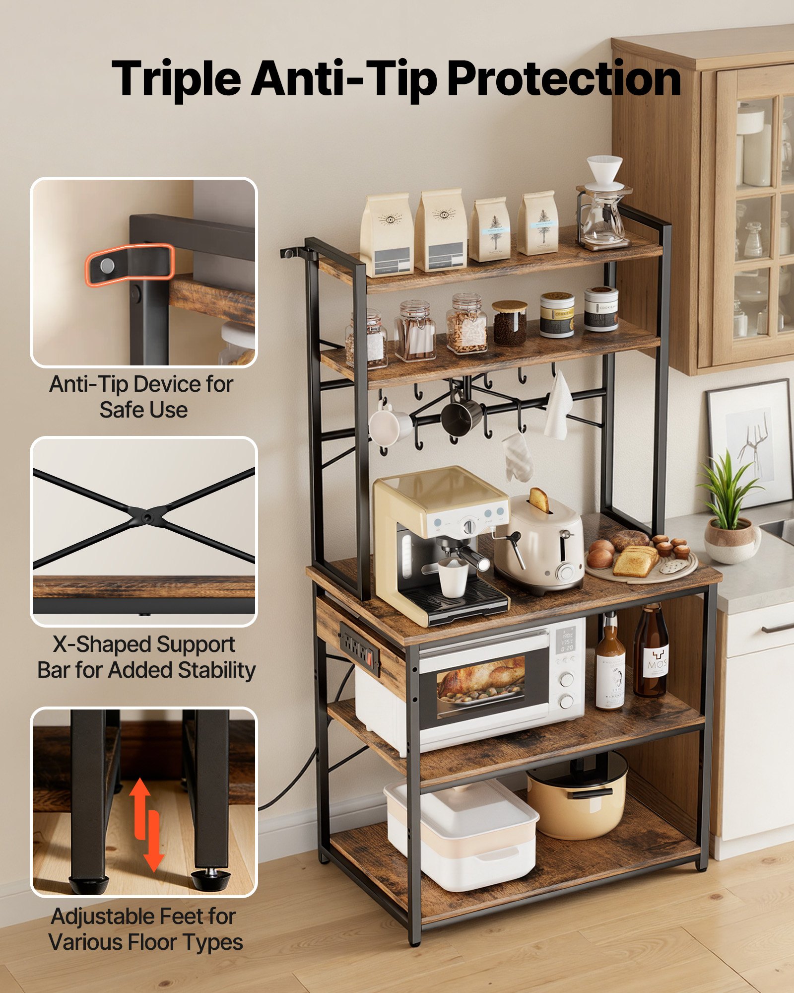 Kitchen Bakers Rack, 5 Ft Power Cable Bakers Rack With Power Outlet, Kitchen Stand With X-Shaped Support Bar, 12 S-Shaped Hooks, Coffee Bar Stand For Dishes, Spice Bottles, Built-In Power Strip