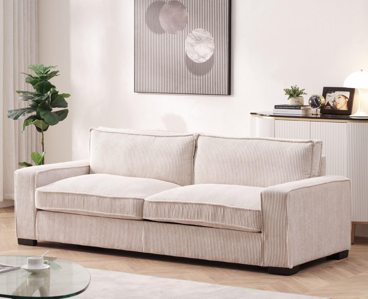 Luxe Corduroy Sofa With Sleek Design, Spacious And Comfortable 3 Seater Couch For Modern Living Room, Ideal For Entertainment And Cozy Moments, Large, Beige