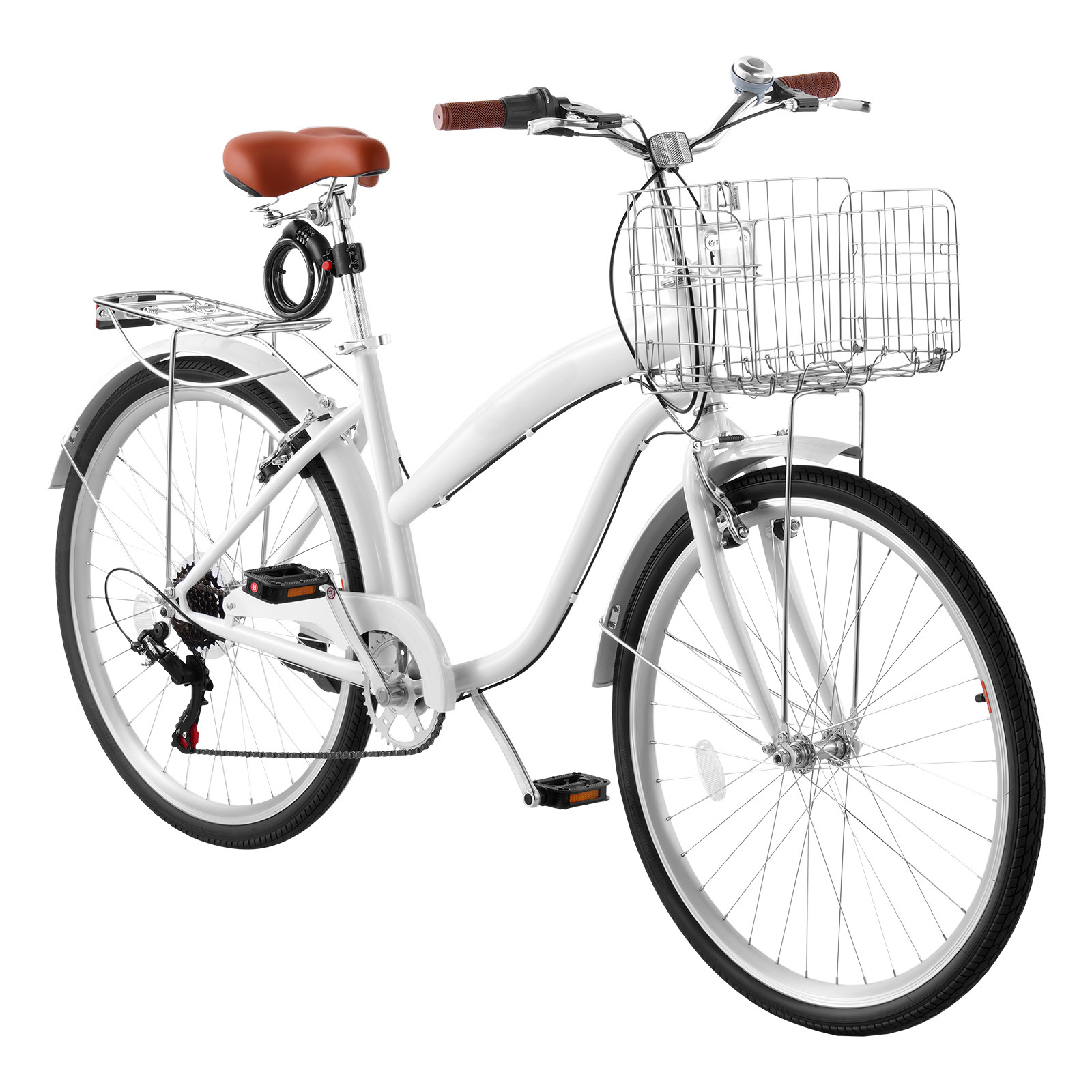 Women Bike, 26 In Beach Cruiser Bike, 7-Speed Adult City Bicycle With Carbon Steel Frame, 330 Lbs Capacity, Basket, Rear Rack & Dual V-Brakes, White