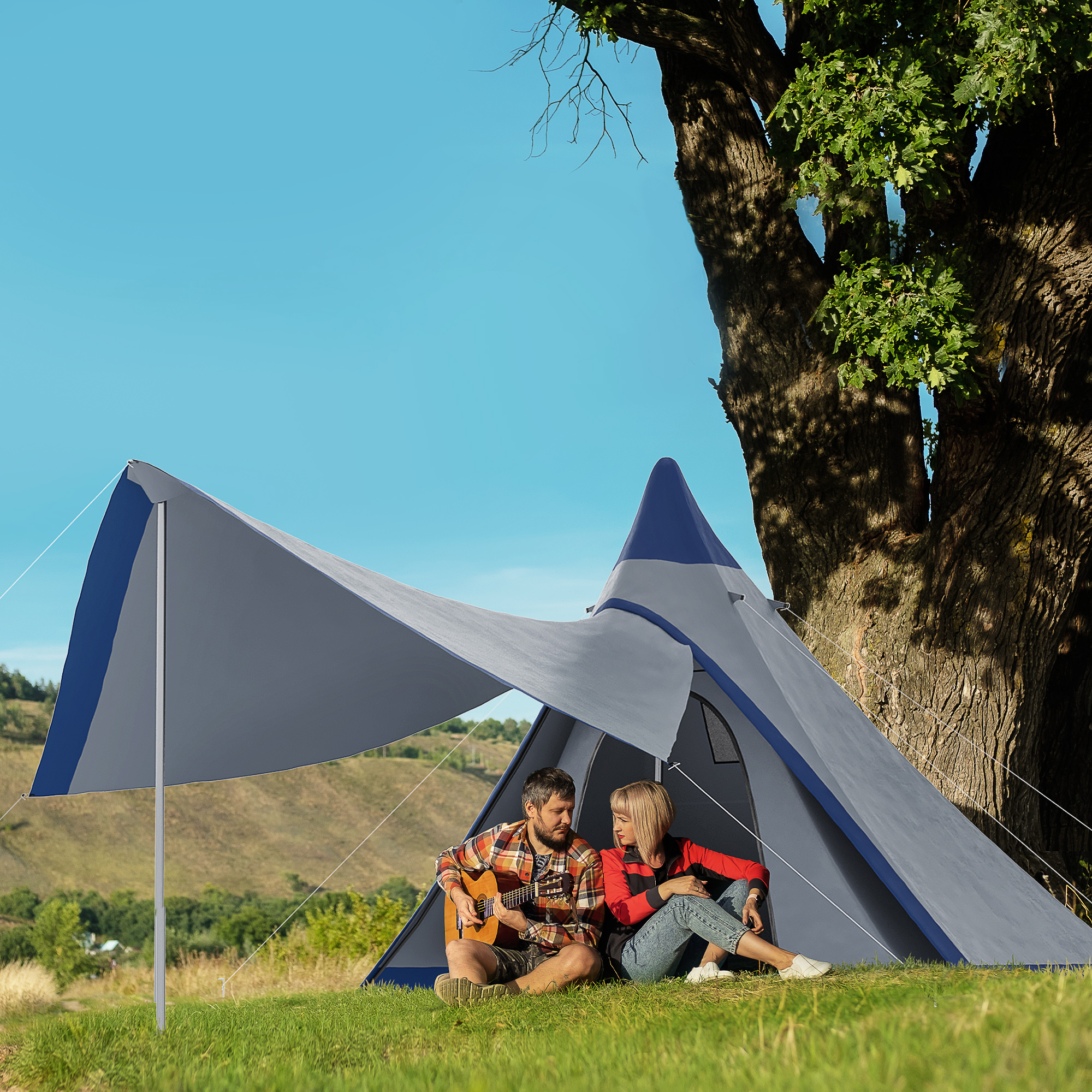 15.4x15.4x8.5 Teepee Tent, Waterproof Camping Tent with Porch Area, Floor and Carry Bag, for 2-3 Person Outdoor Backpacking Camping Hiking, Blue