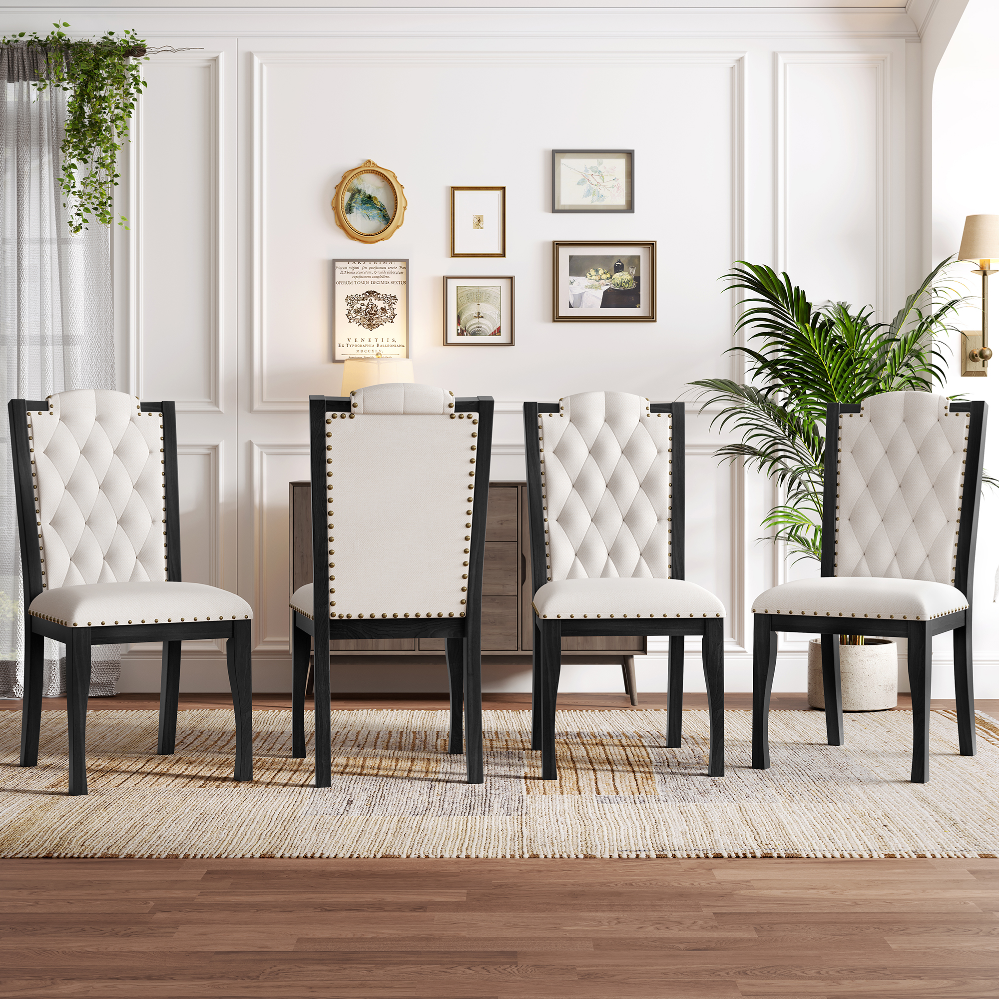 Upholstered Dining Chairs Set Of 4, High Back Diamond Button Tufted Kitchen Chairs With Solid Wood Legs And Nailhead Trims For Dining Room, Living Room, Restaurant, Biege Black