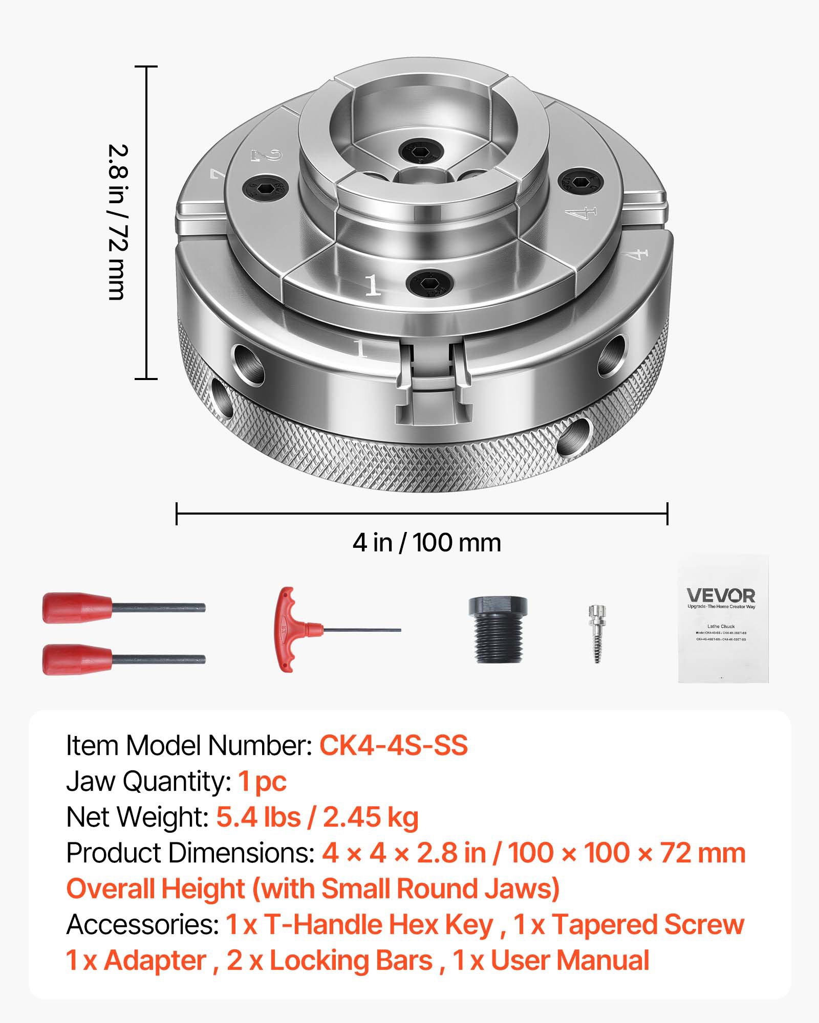 4 Inch Wood Lathe Chuck, 4-Jaw, Self-Centering Wood Turning Chuck Set With 1" X 8TPI Thread & Adapter, Nickel-Plated, High-Hardness Steel, Inside Clamping & Outside Support, For Woodworking