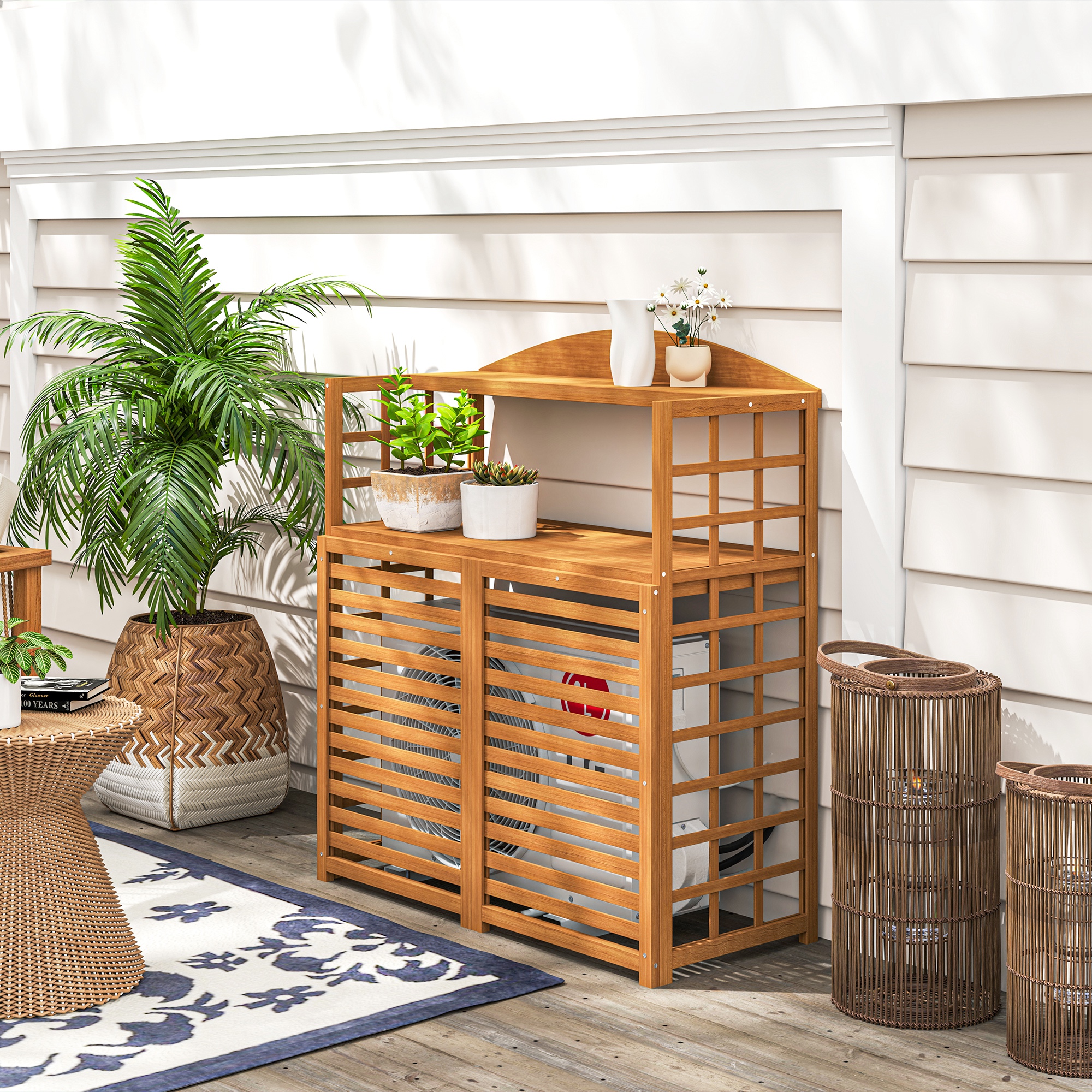 Outdoor Air Conditioner Fence Privacy Screen, Wood AC Fence Potting Table with Shelves for Patio, Light Brown