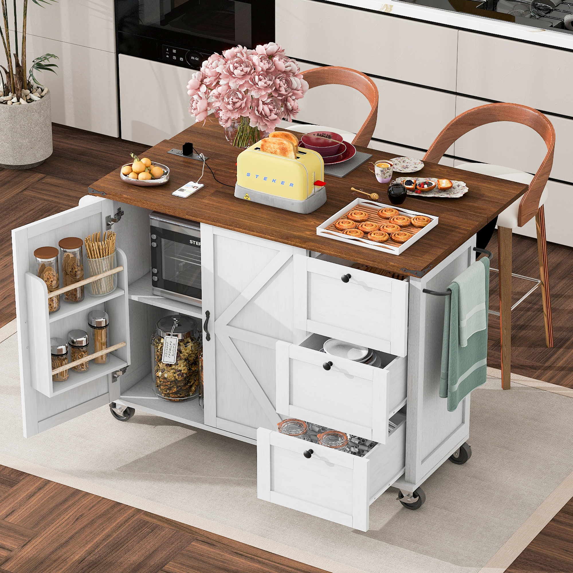 54.5 Farmhouse Kitchen Island With Power Outlet,Kitchen Storage Island With Internal Storage Rack,Drop Leaf,Spice Rack,Rolling Kitchen Cart On Wheels,for Home,Kitchen And Dining Room,White