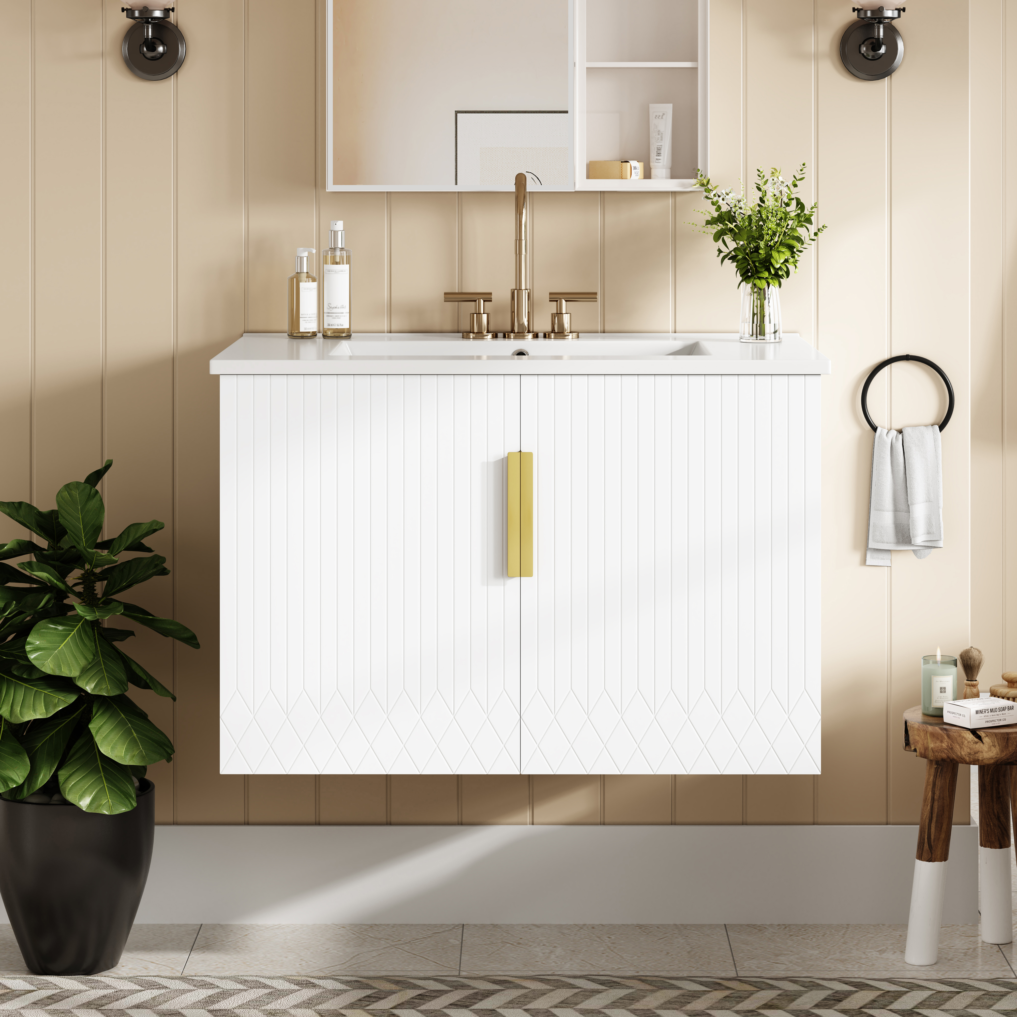30 Vintage Bathroom Vanity With Ceramic Sink, With 3 Holes Single Ceramic Sink, Bathroom Storage Vanity Cabinet With 2 Soft Closing Doors