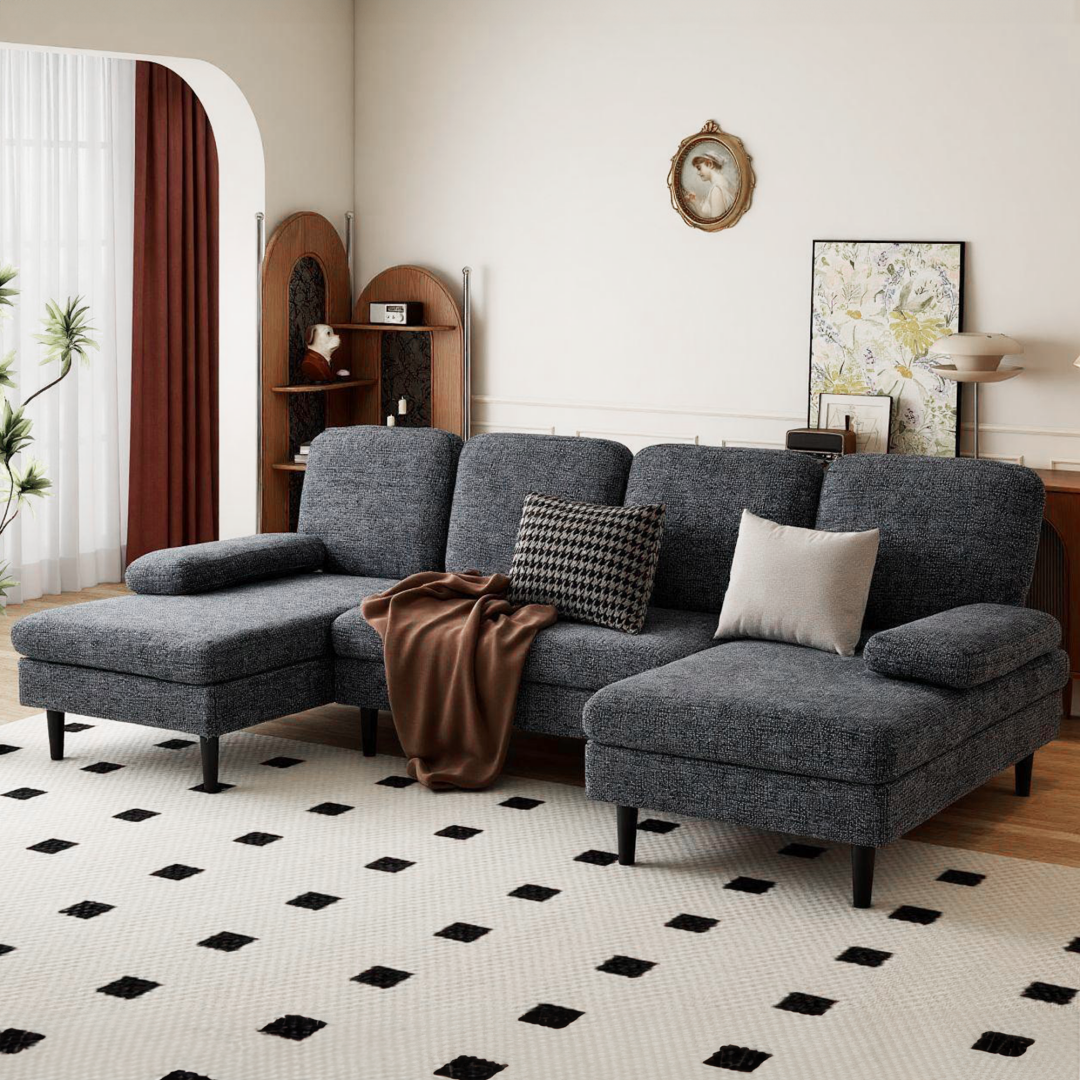U-shaped Combination Sofa, Double Lounge Chair, Chenille Fabric 4-seat Living Room Furniture