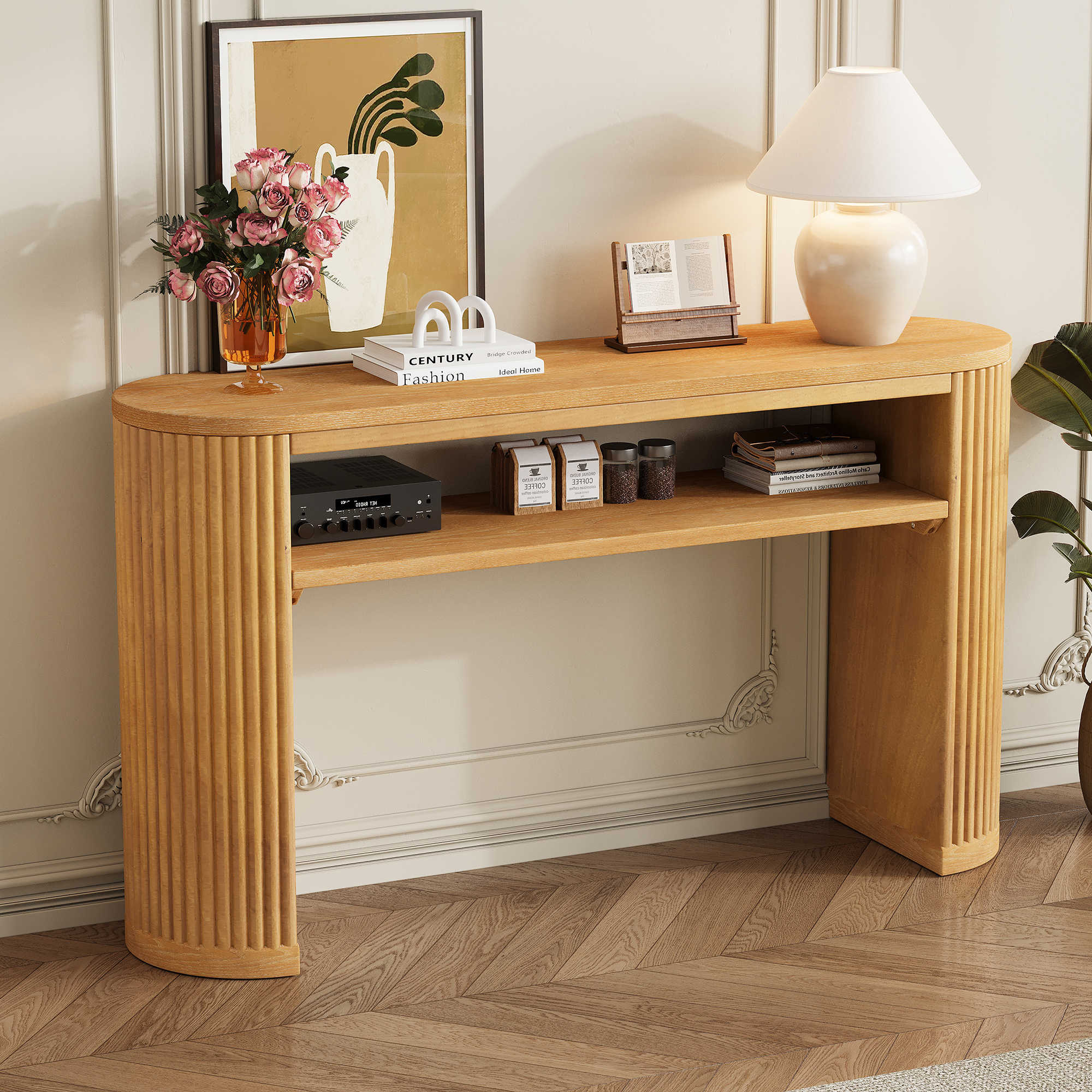 TREXM Rustic Console Table With Fluted Legs - Farmhouse Entryway Sofa Table, Vintage Oval Hallway Accent Table With Ash Veneer Top And Glaze Finish, Open Shelf, 3 Distressed Color Options  Natural