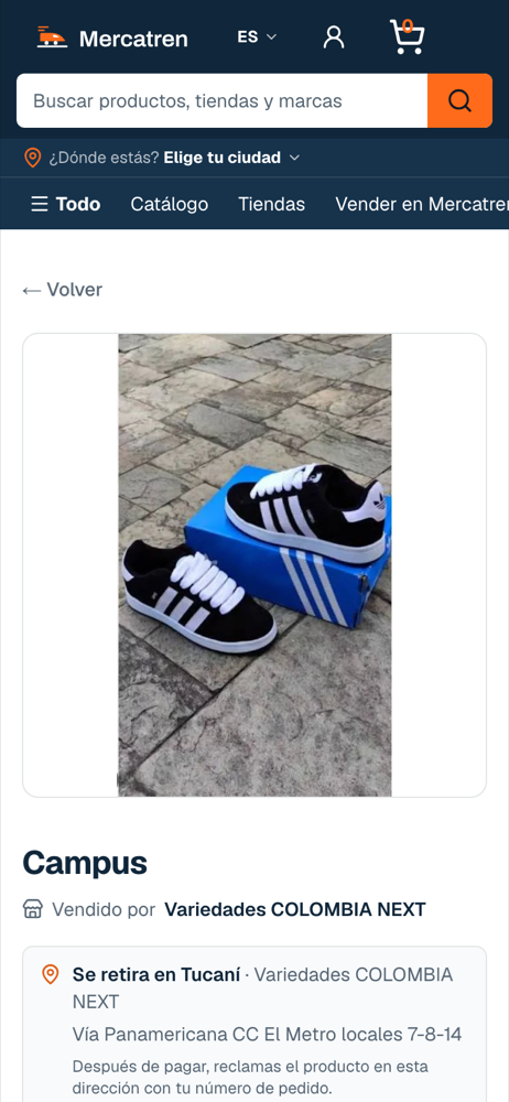 A sneaker listing on Mercatren with the “Pick up at Tucaní” block, the store's address and the note about what happens after paying.