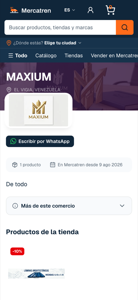 The MAXIUM store page on Mercatren, with its city, its WhatsApp button and its single product.