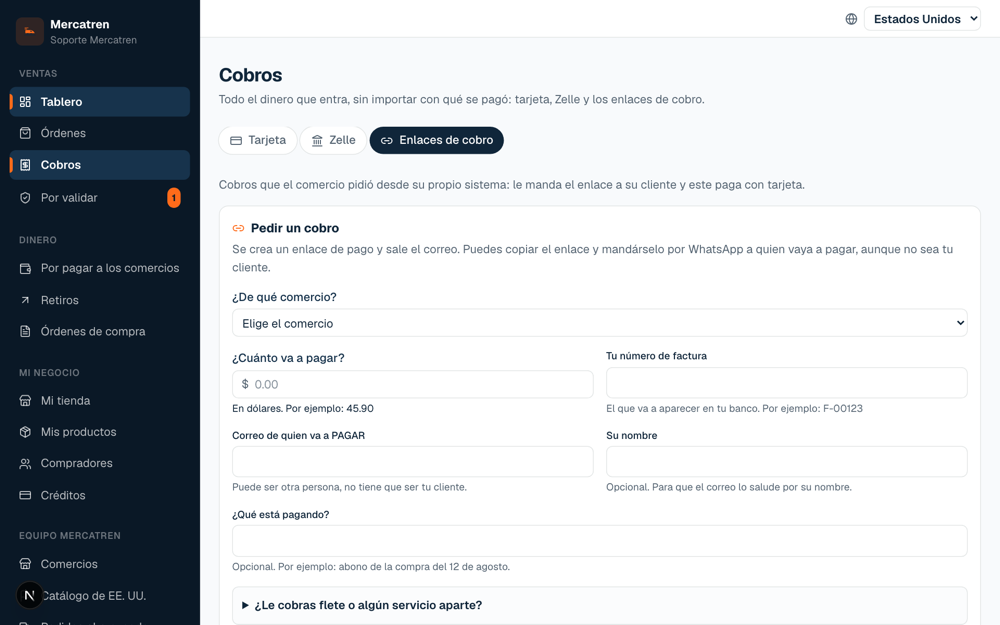 The “Request a payment” form in the Mercatren panel: store, amount, invoice number, payer's email and concept.