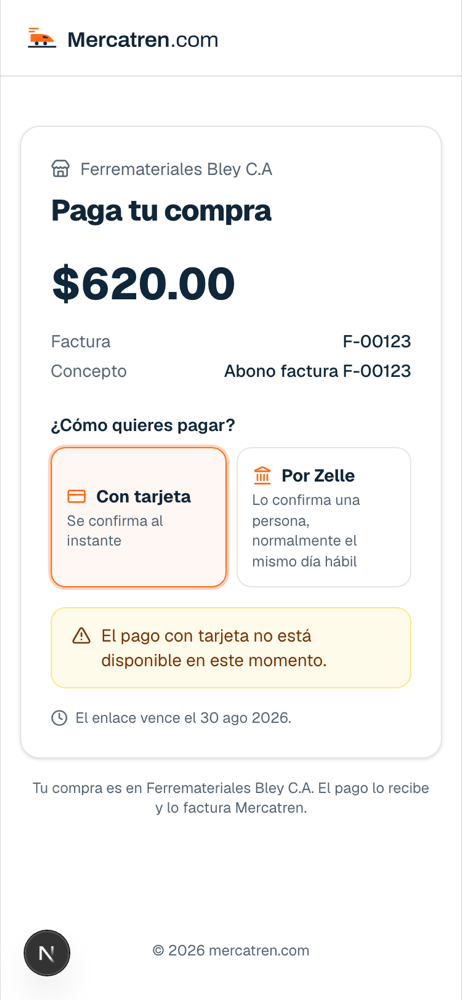The payment page for a $620 payment link: the store, the invoice, the concept and the two ways to pay.