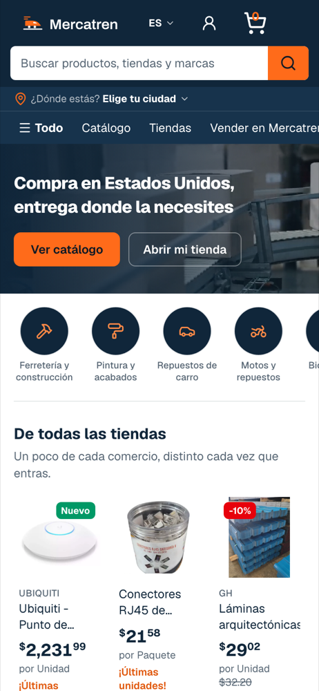 Mercatren's home page on a phone: the “From every store” block with products from different Venezuelan stores.