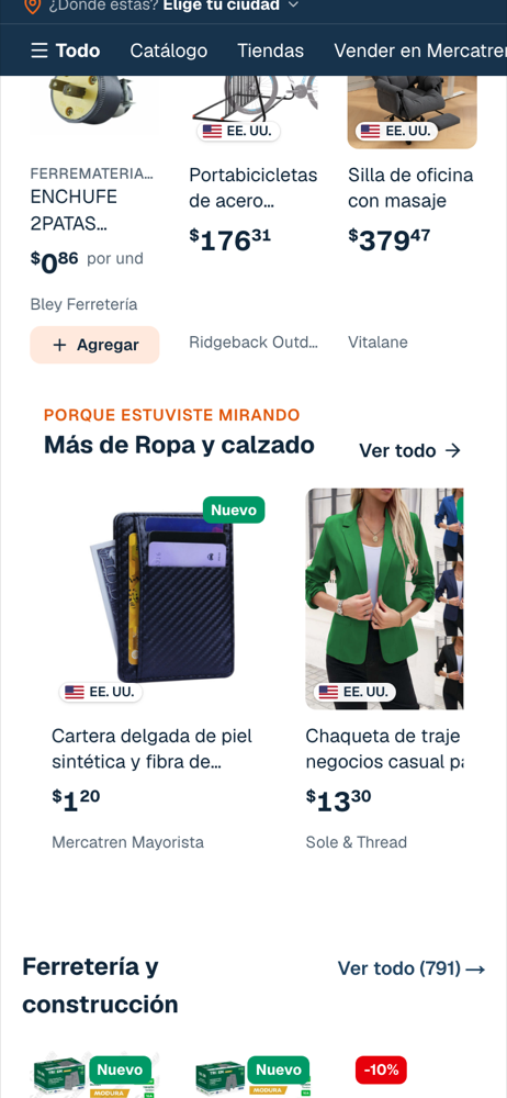 The “Because you were browsing · More Apparel” band on Mercatren's home page.