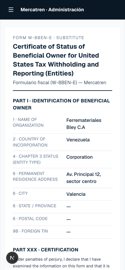The generated W-8BEN-E document, in English, with the company details and the certification