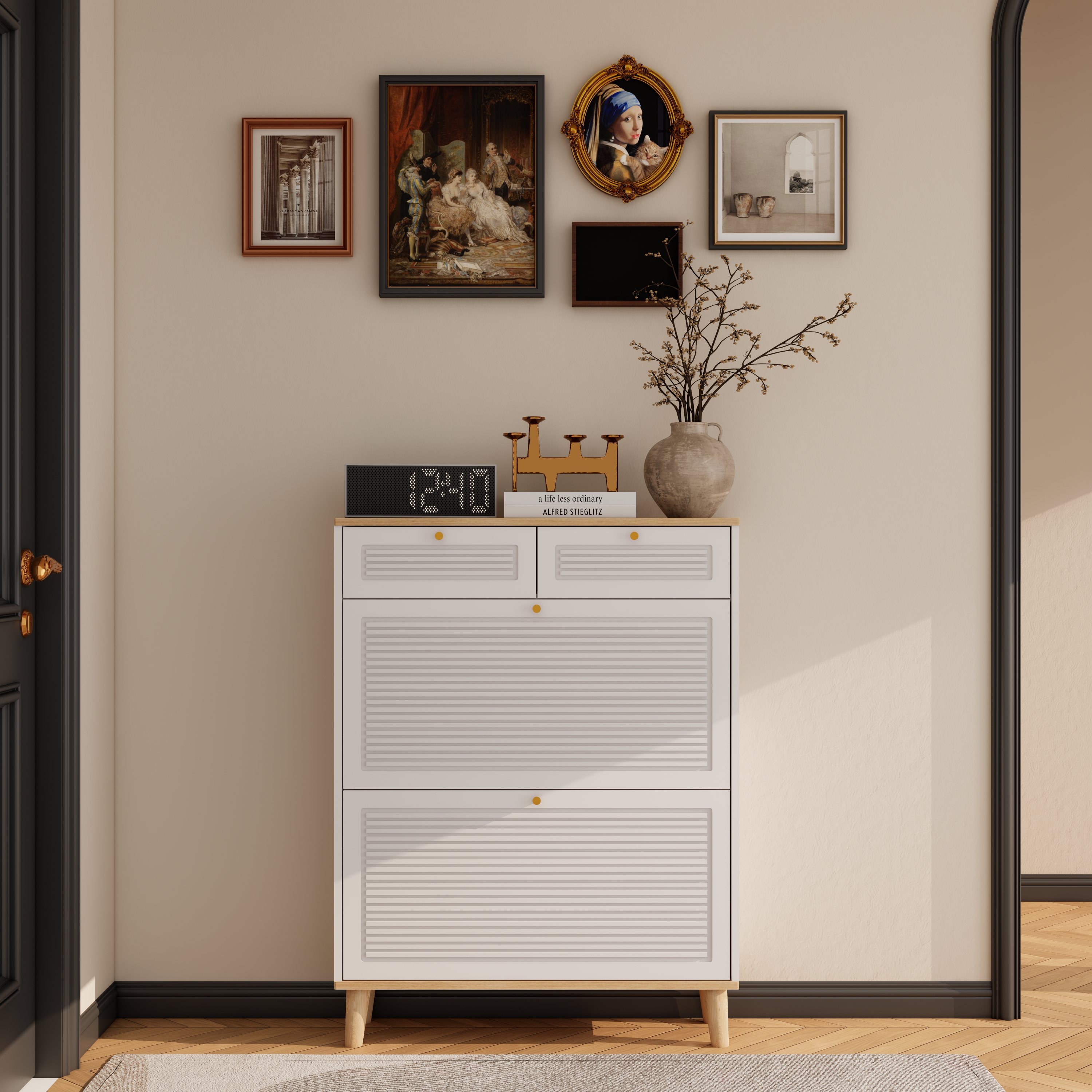 Shoe Cabinet With 2 Flip- Up Doors And 2 Drawers Narrow Shoe Rack Cabinet Freestanding Shoe Organizer Shoe Organizer For Entryway With Natural Wood Legs White Natural