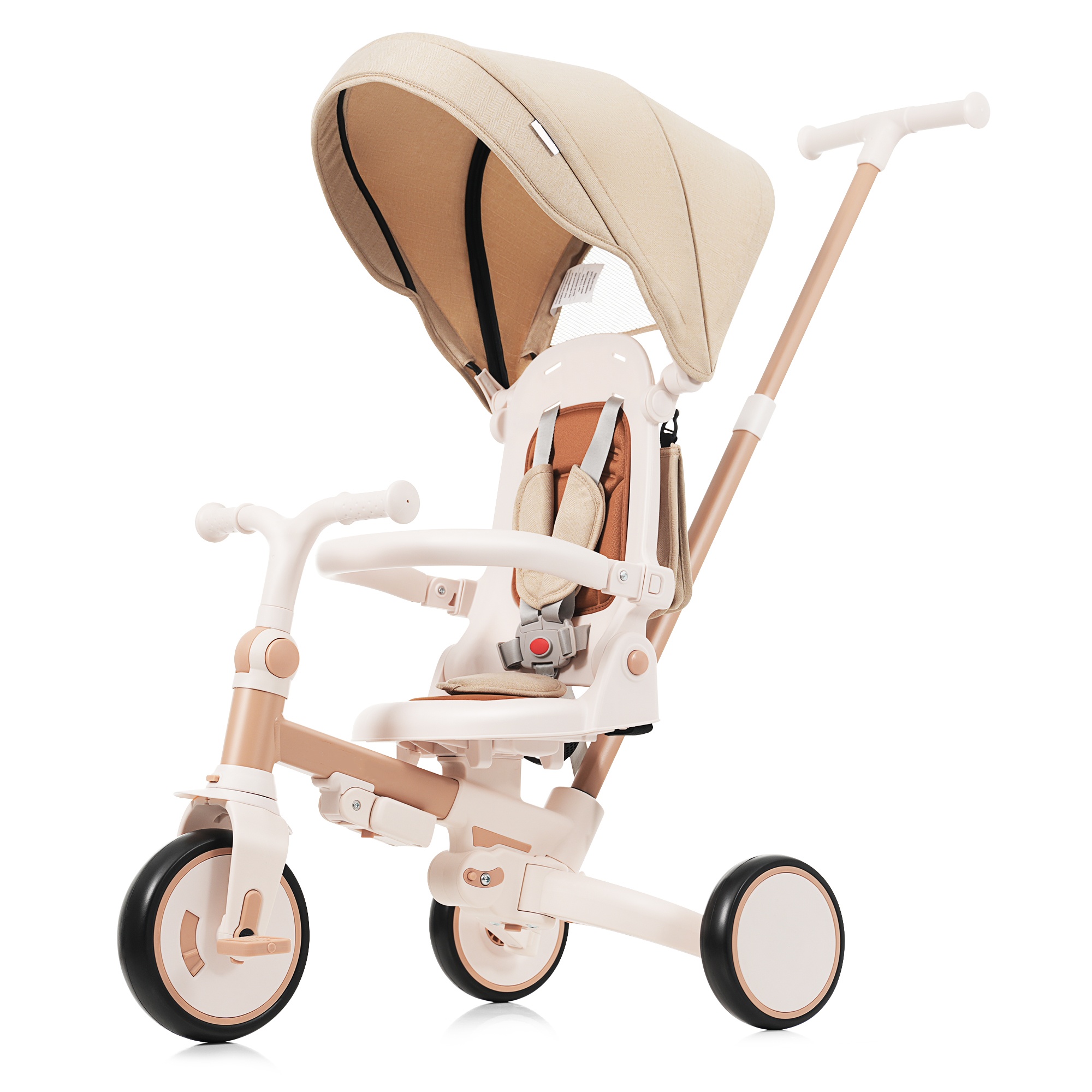 Triciclo para bebé 7 en 1 plegable, manillar parental ajustable, capota, marrón claro