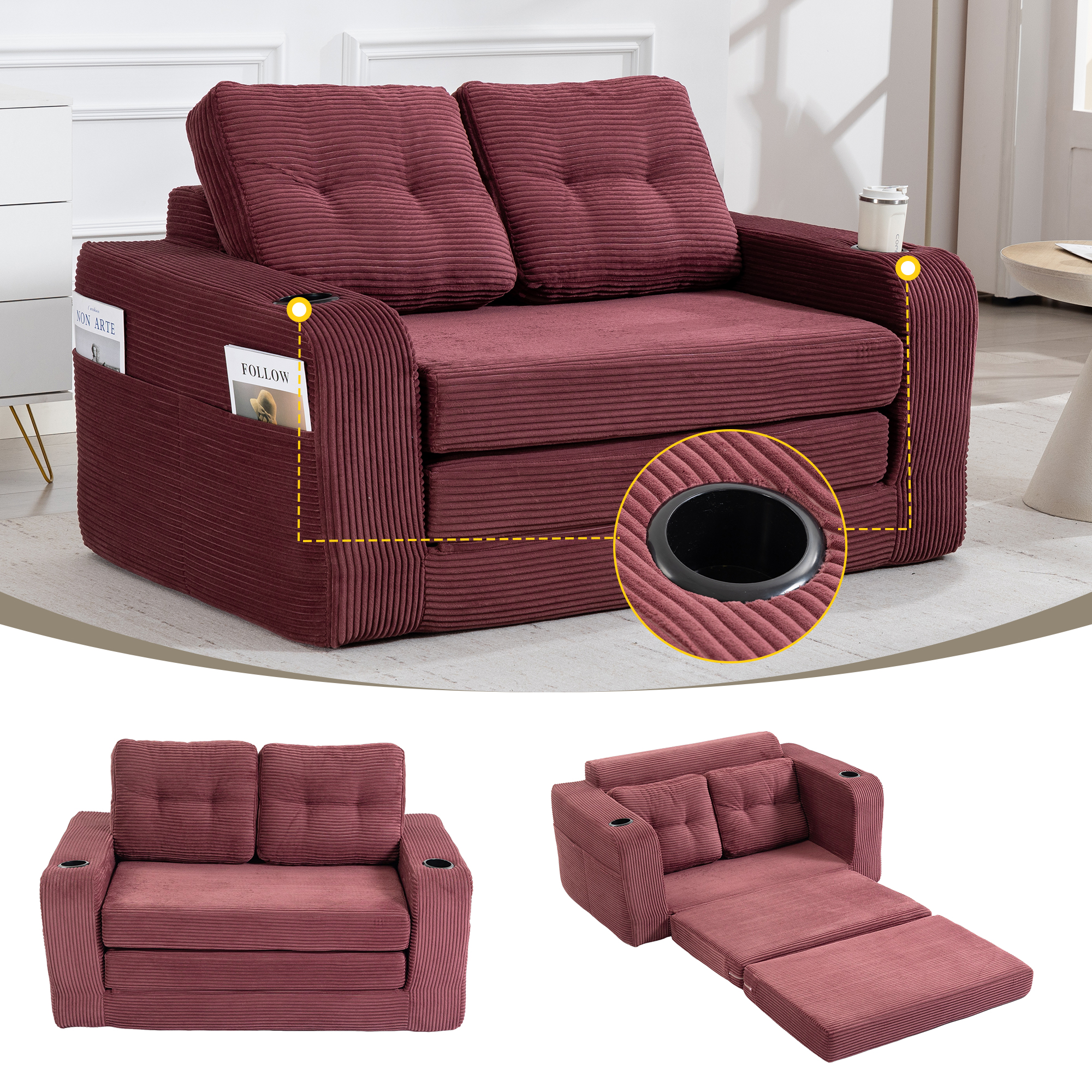Sofá cama convertible doble, expandible y plegable, con almohadas.