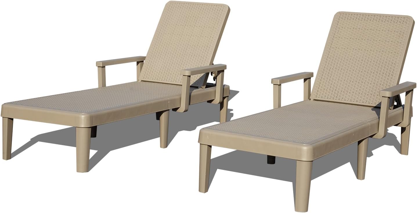 Pool Lounge Chairs Set Of 2, Outdoor Lounge Chairs With 6 Positions Backrest Adjustable Armrest, Resin Waterproof Chaise Lounge Outdoor For Poolside Patio
