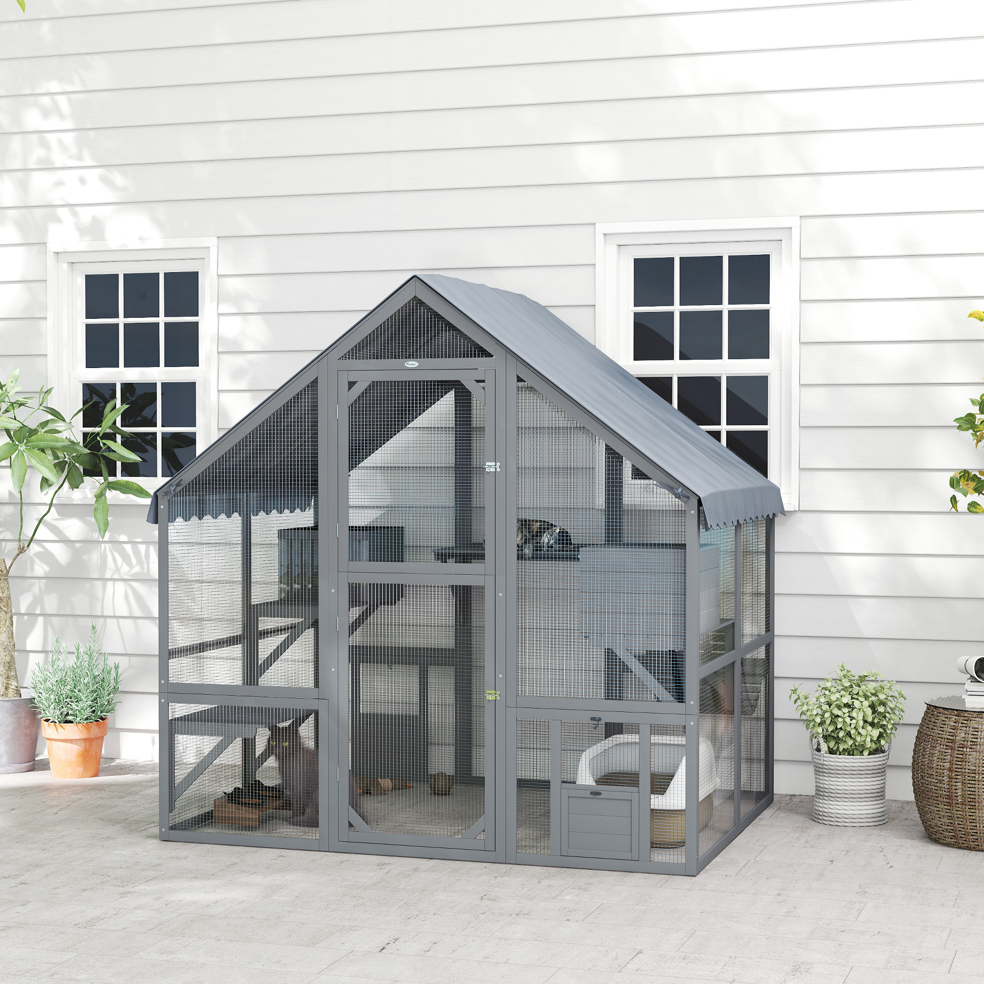 Catio de madera exterior para gatos con cubierta impermeable, 2 condominios y 4 plataformas, gris