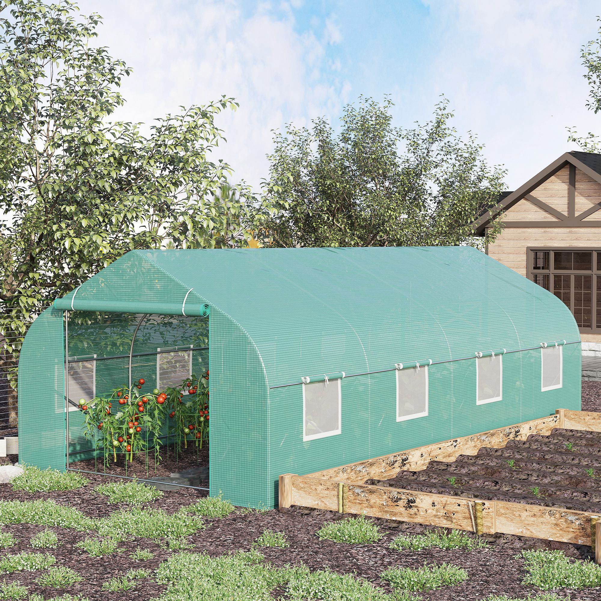 20 x 10 x 7 Outdoor Walk-in Greenhouse, Tunnel Green House with Roll-up Windows, Zippered Door, PE Cover, Heavy Duty Steel Frame, Green
