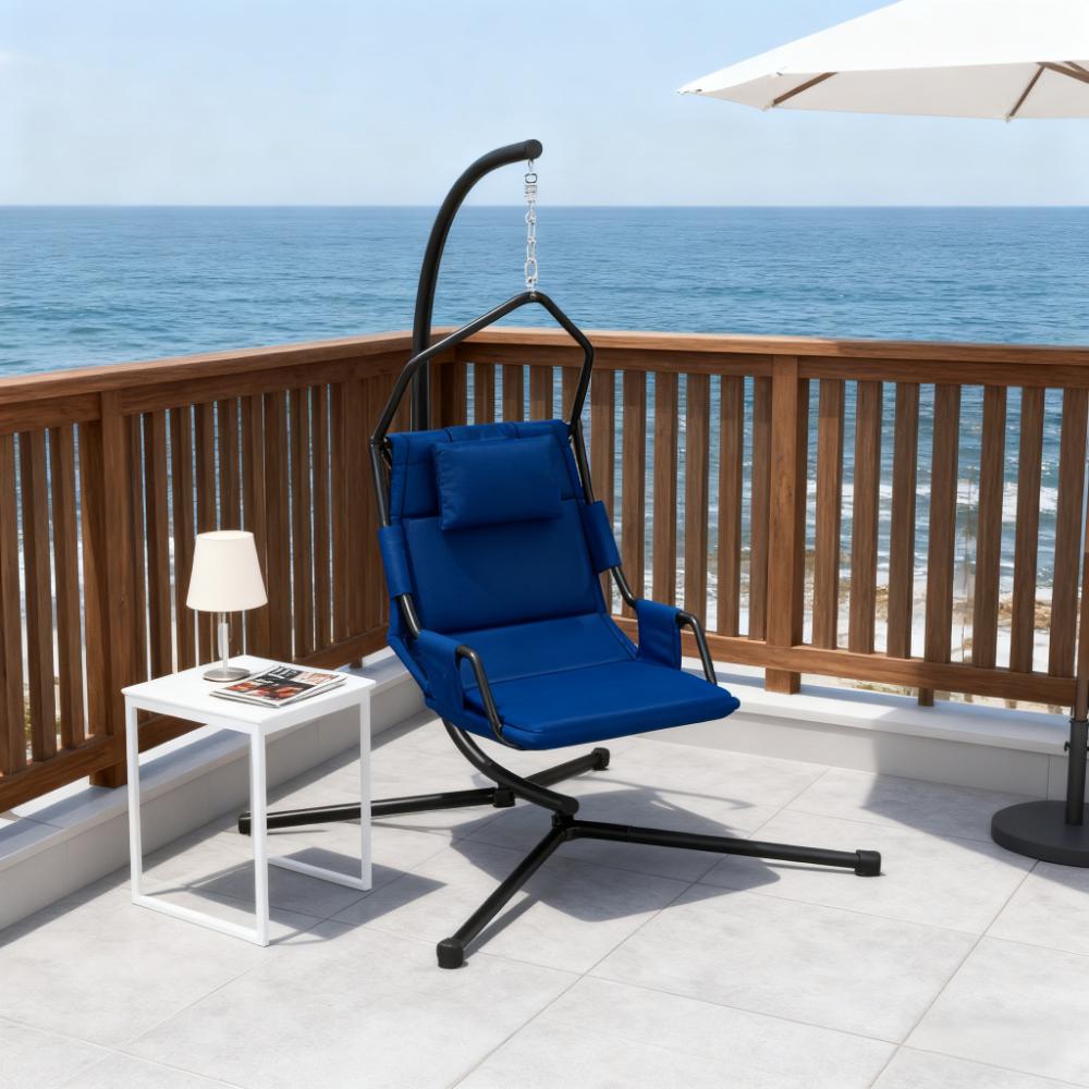 Silla colgante tipo columpio con marco de acero y soporte, cojín para interior y exterior