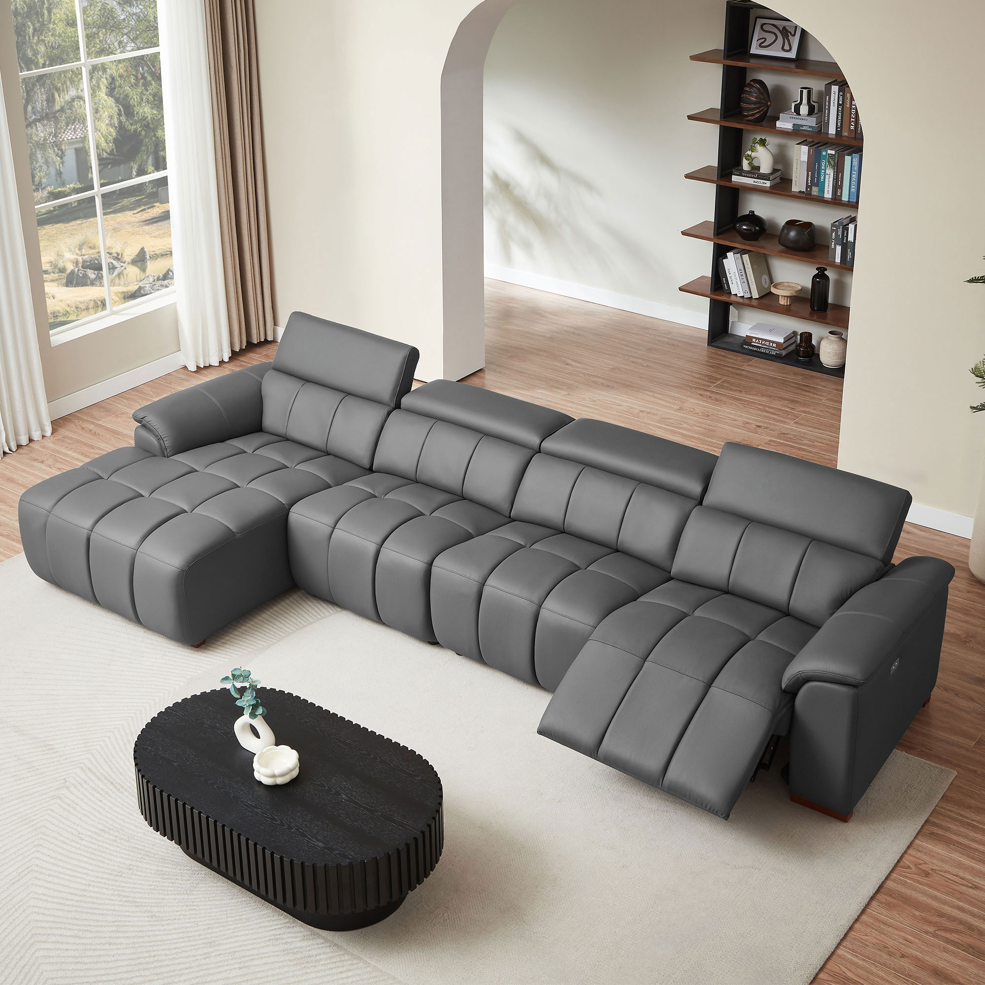 Sofá reclinable de 4 asientos, piel genuina, forma de L, control eléctrico, con USB