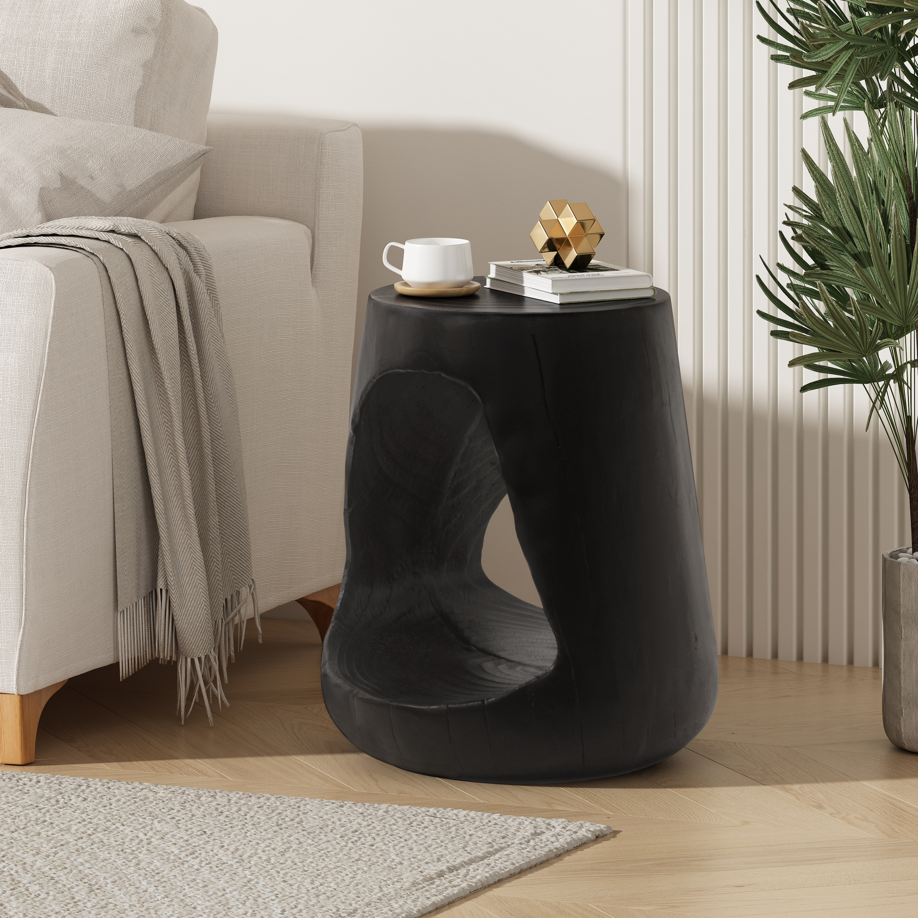 Mesa auxiliar MGO hueca, textura tipo madera, color negro.