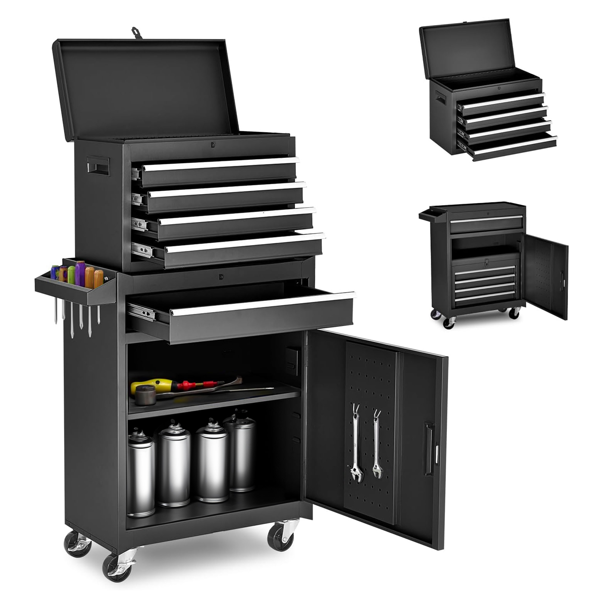 Carro de herramientas con 5 cajones, caja superior desmontable y ruedas bloqueables.