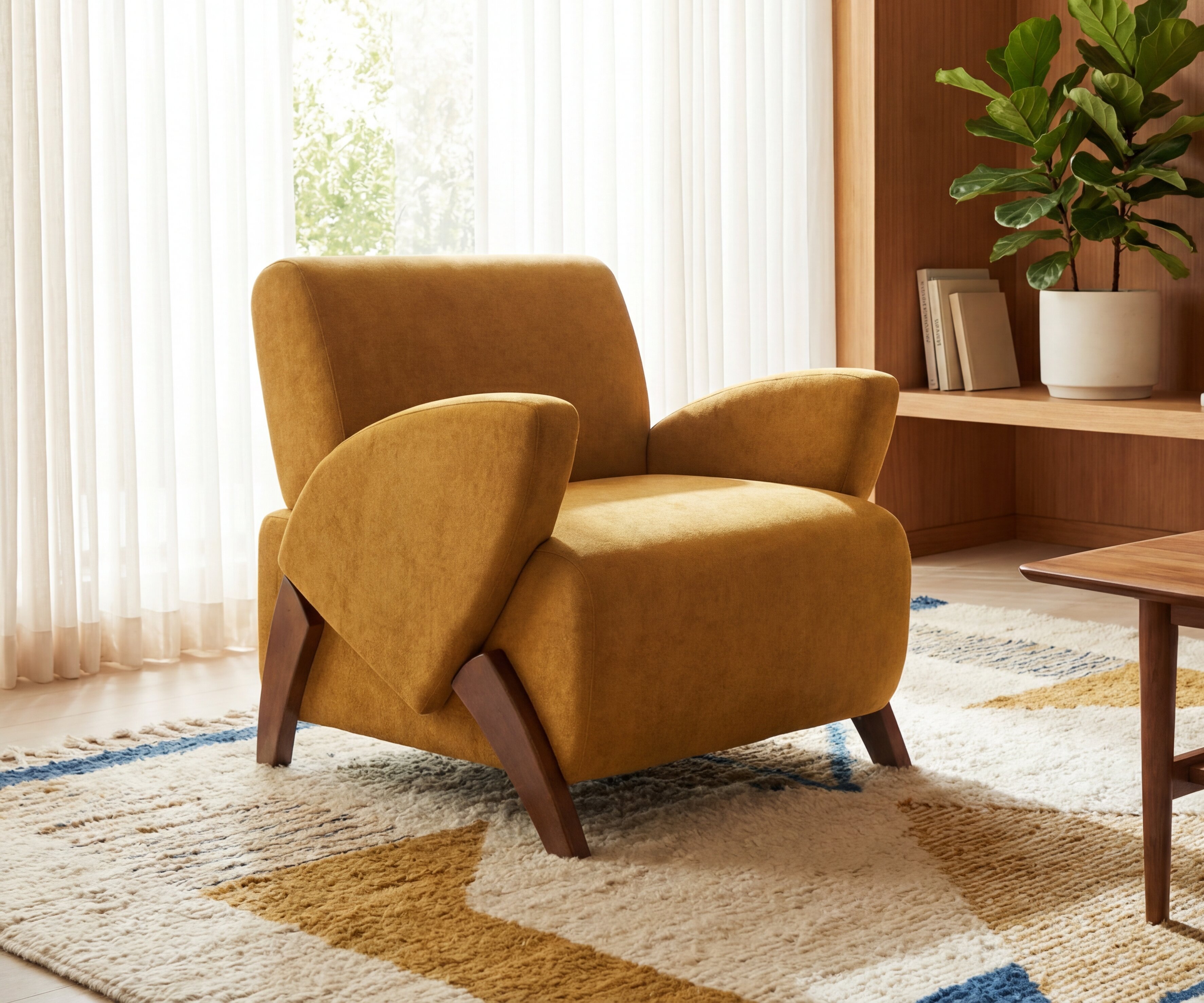 Sillón Decorativo de Terciopelo con Patas de Abedul, 28.15 pulgadas, Color Cúrcuma