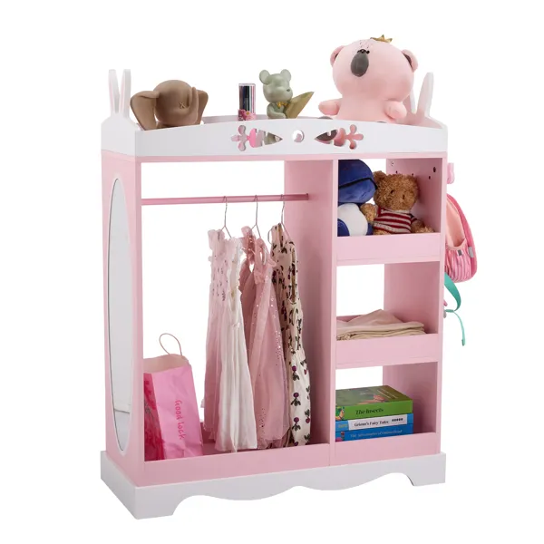 Armario infantil rosa con 1 espejo, 3 estantes y 1 barra para ropa, diseño orejas de conejo