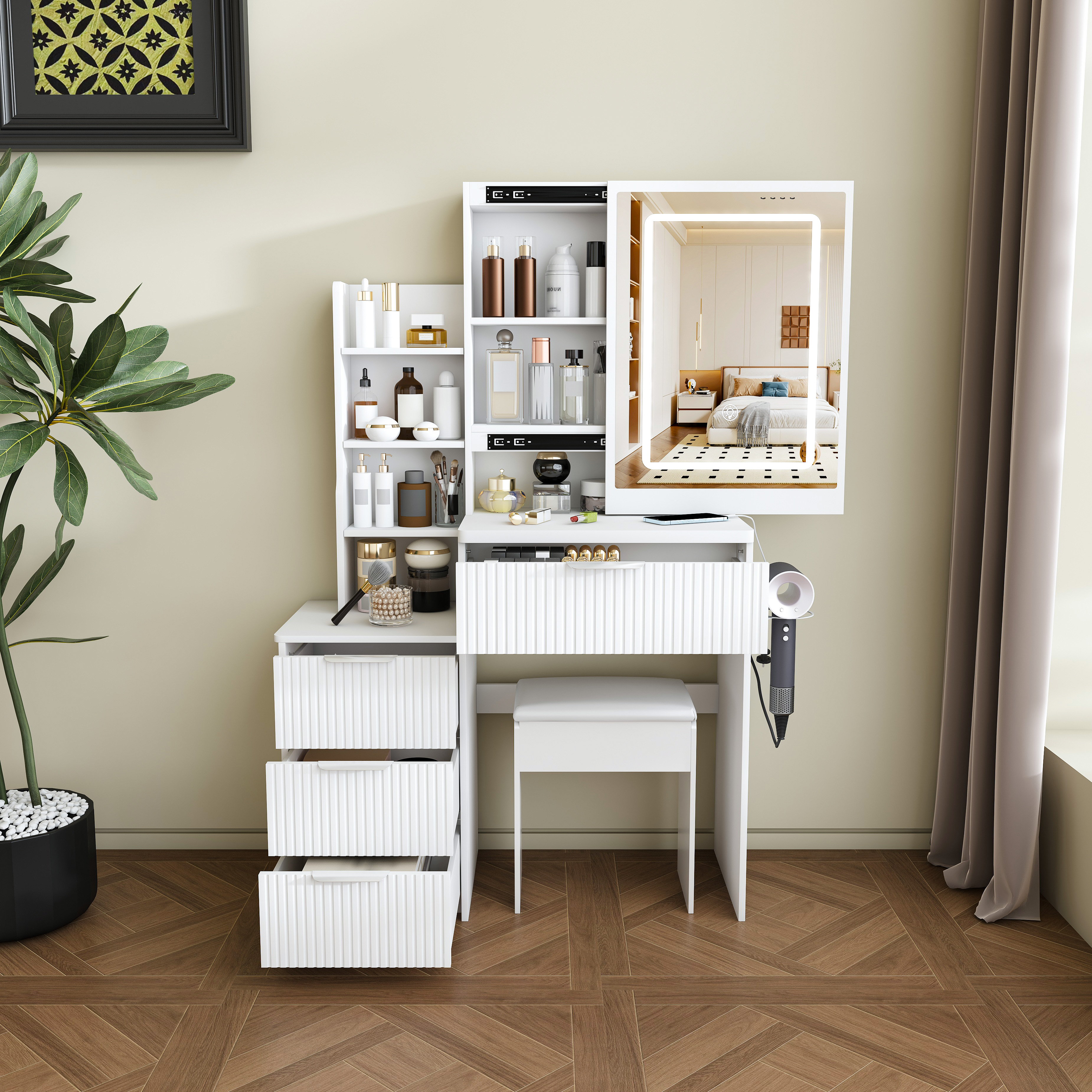 Tocador moderno blanco con 3 modos de luz LED, 4 cajones, estantes y silla