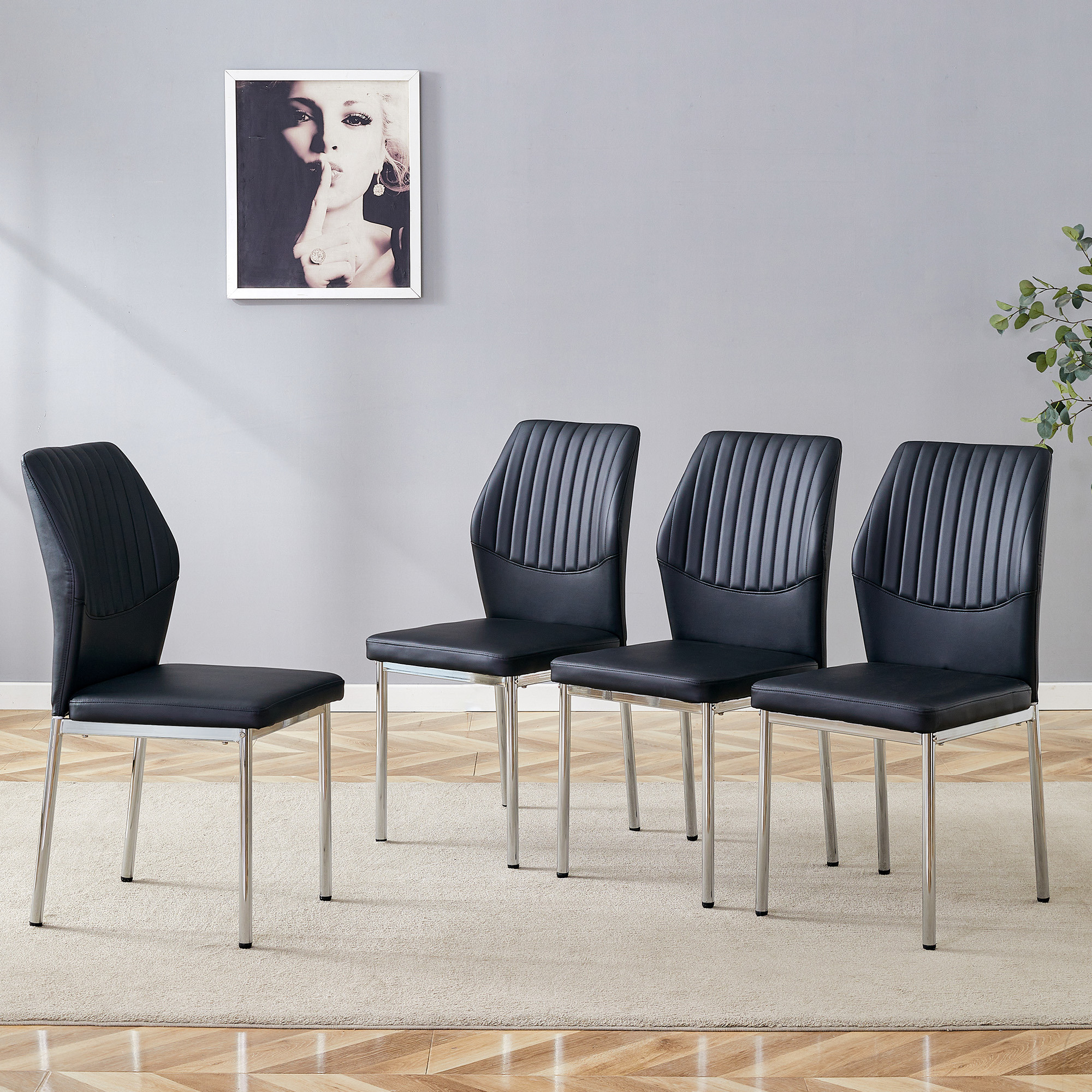 4-piece Set Of Black Silver Light Luxury PU Dining Chairs Ergonomic Backrest, 36.7 Inches High, Suitable For Multiple Scenarios.Set Of 4 BLACK PU Material High Resilience Dining Chairs