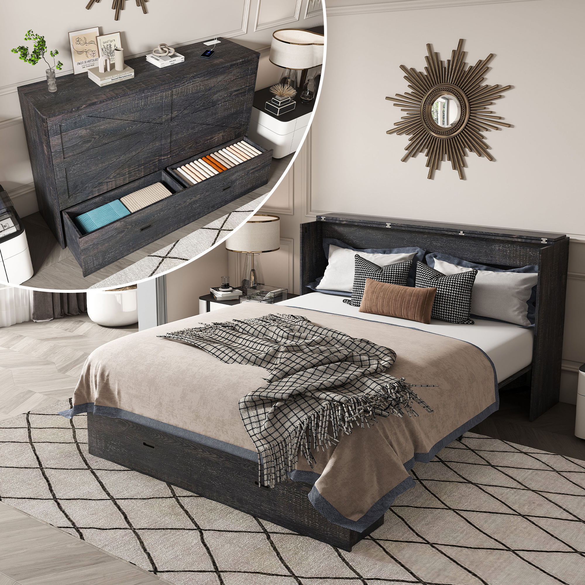 57 Inches Murphy Bed, With Storage Drawers And Charging Cabinet, With Foldable Panels, With Swivel Wheels, Noise-free, Suitable For Guest Rooms, Living Rooms And Offices, Carbon Black OldskuW509S00157