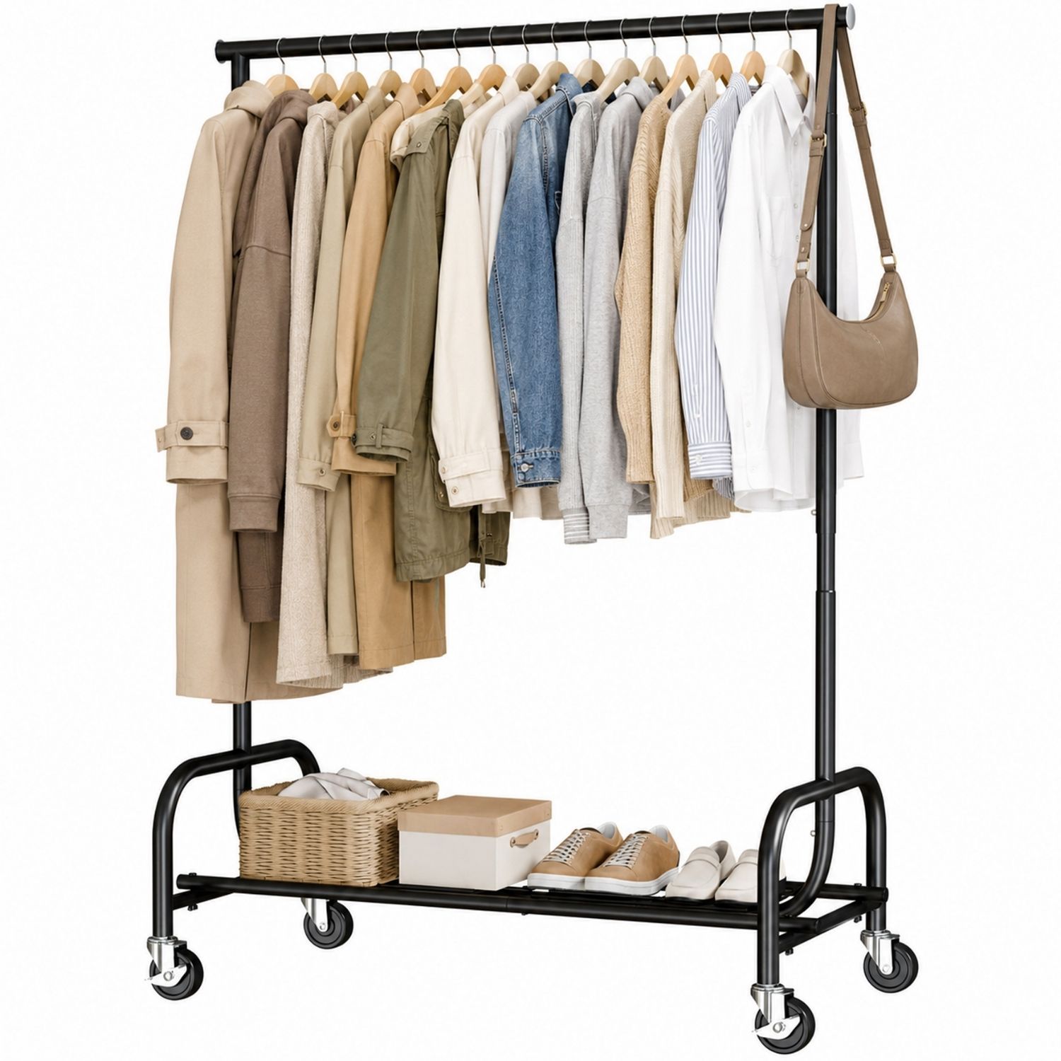 Perchero resistente con ruedas, altura ajustable, estante de malla y barra extensible.