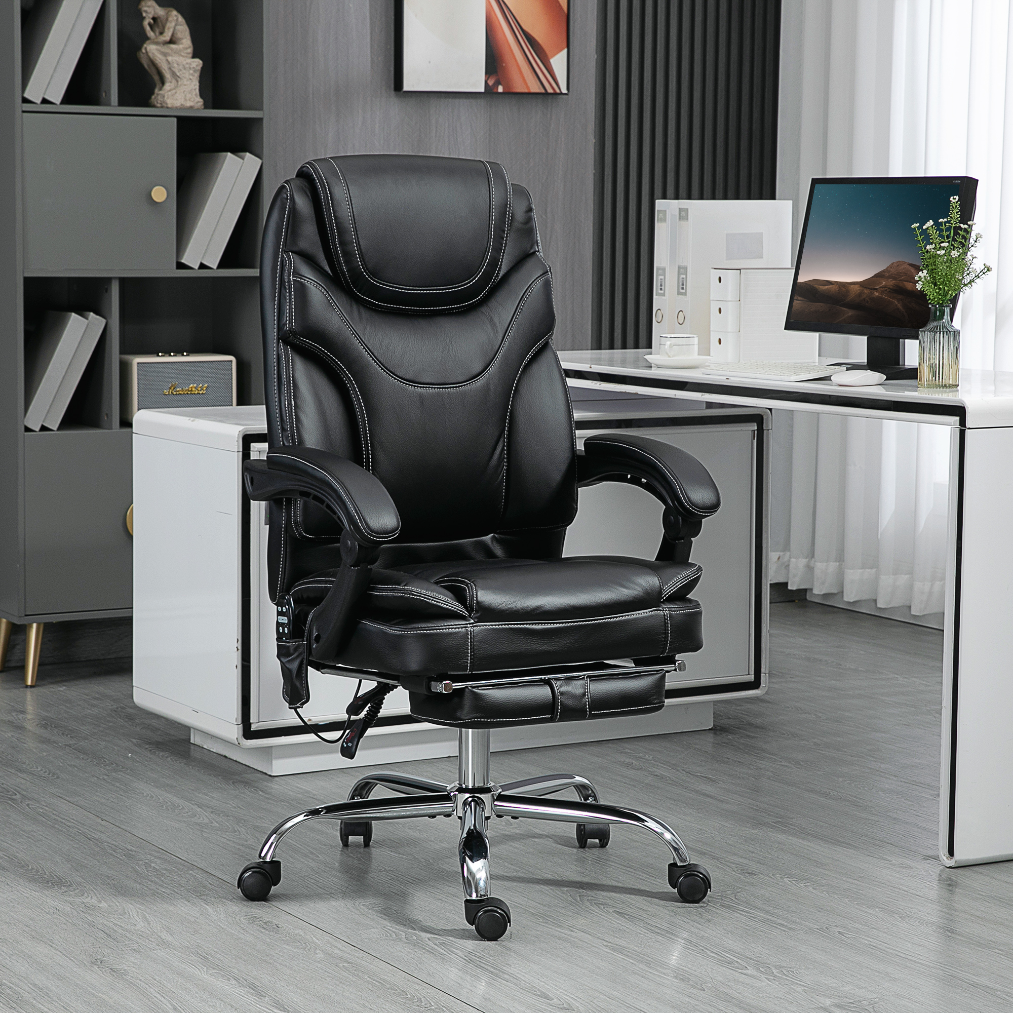 Silla de oficina de masaje con vibración, cuero PU, reclinable, con calefacción y reposapiés, negra