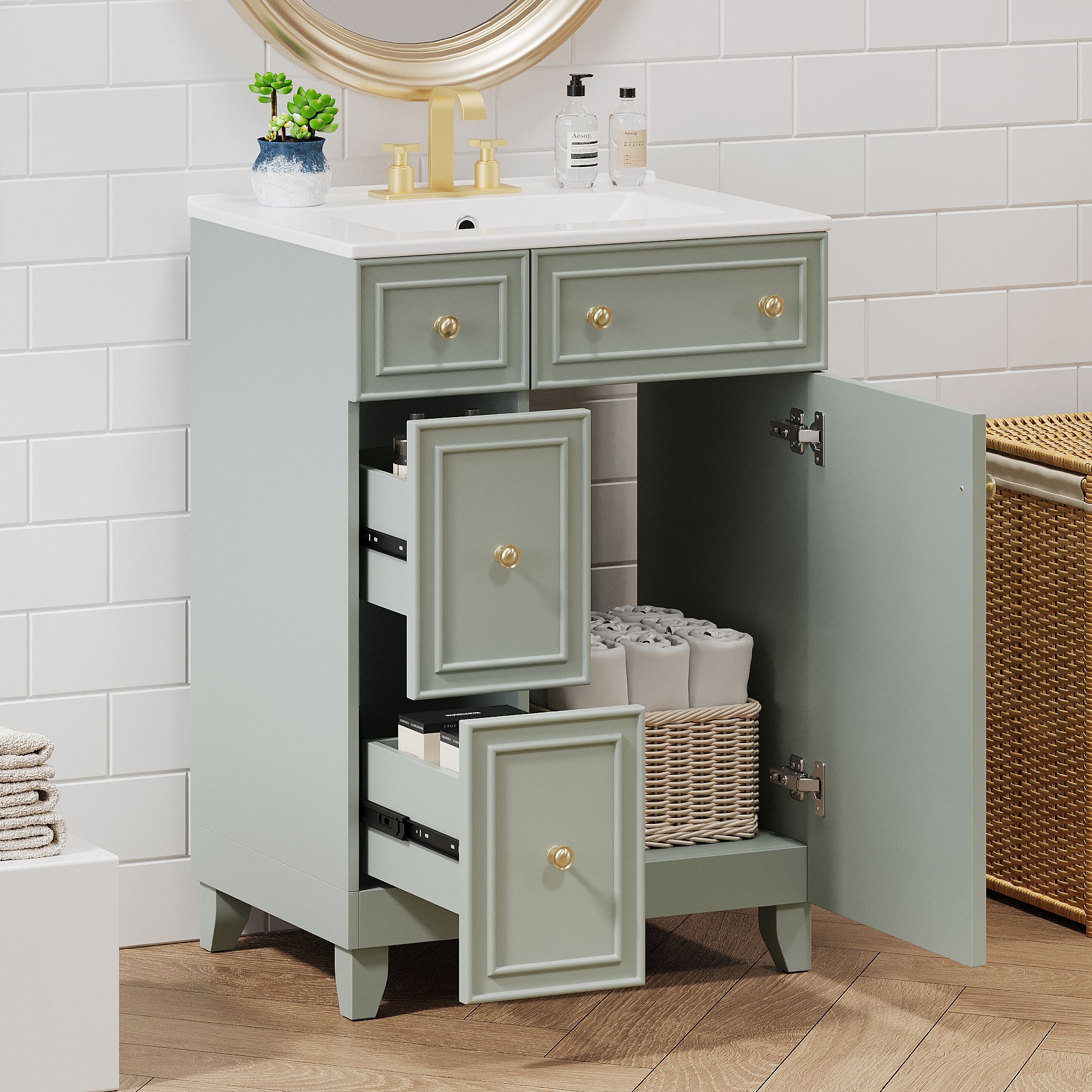 Gabinete de tocador de baño de 24 pulgadas con lavabo de cerámica, 2 cajones, 1 puerta.
