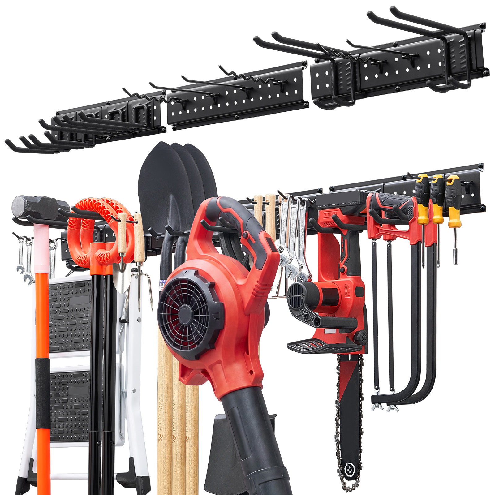 Garage Tool Organizer 49.5 Inch 600 Lbs Wall Mount Garden Tool Rack, Heavy Duty Garage Hanging Storage Rack Organization With 3 Rails And 12 Adjustable Hooks, For Yard Tools, Shovel, Rake, Shed